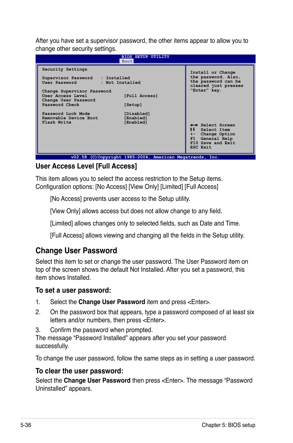 Change user password, User access level [full access | Asus RS120-E4/PA2 User Manual | Page 100 / 166