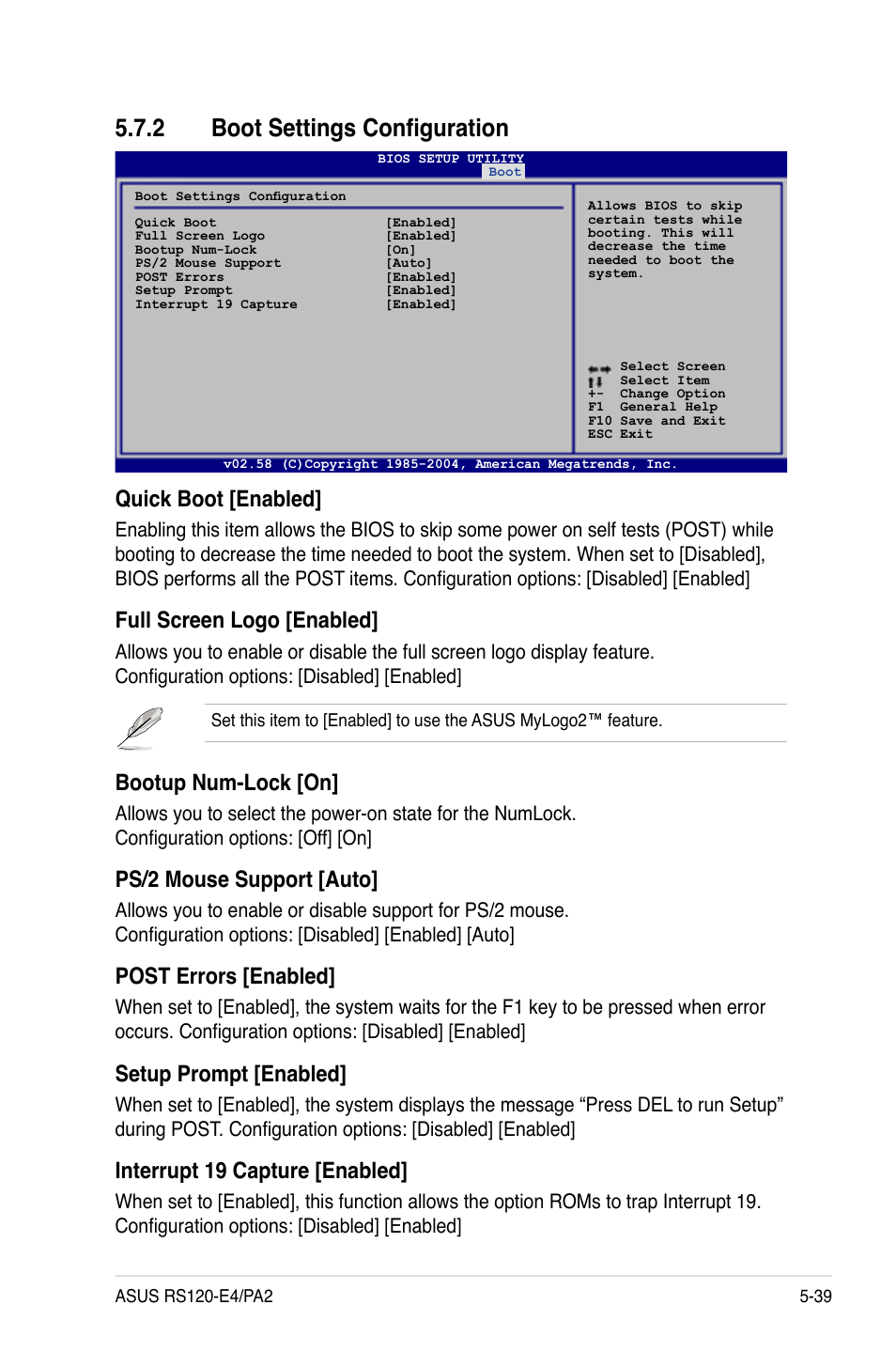 2 boot settings configuration, Quick boot [enabled, Full screen logo [enabled | Bootup num-lock [on, Ps/2 mouse support [auto, Post errors [enabled, Setup prompt [enabled, Interrupt 19 capture [enabled | Asus RS120-E4/PA2 User Manual | Page 103 / 166