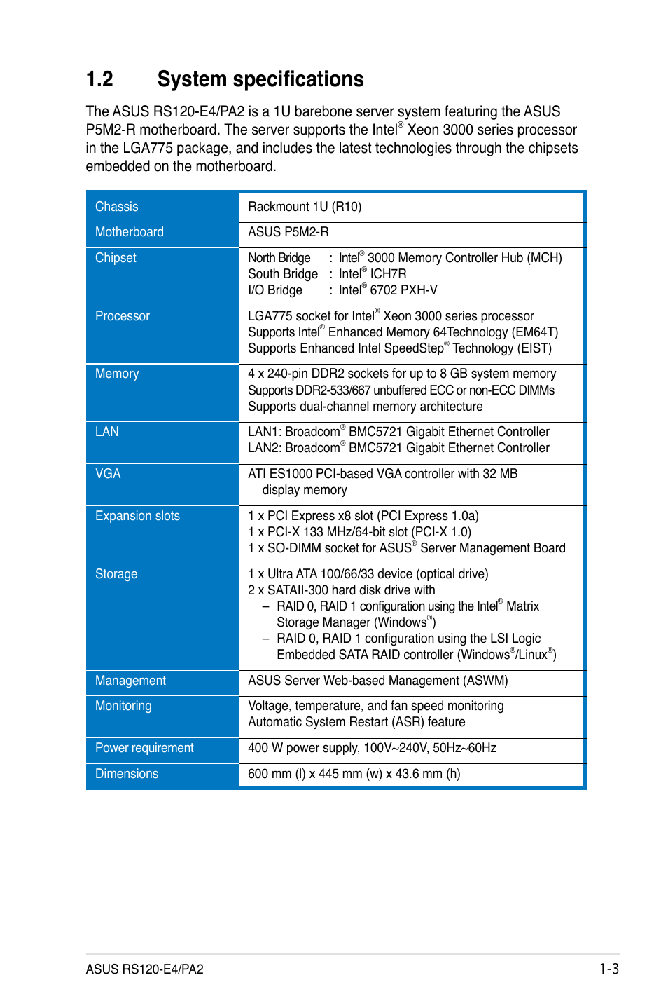 2 system specifications | Asus RS120-E4/PA2 User Manual | Page 13 / 166