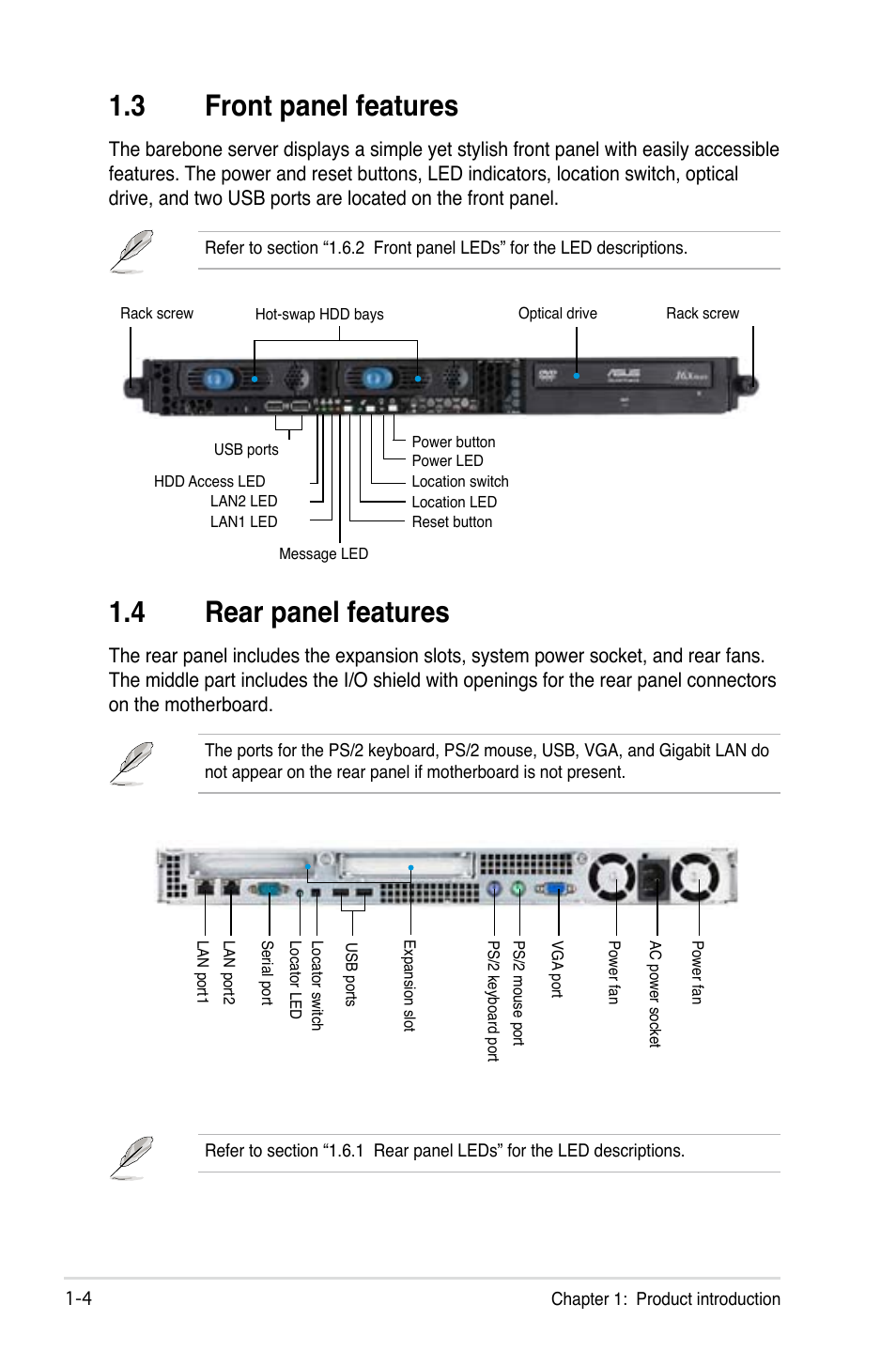 4 rear panel features, 3 front panel features | Asus RS120-E4/PA2 User Manual | Page 14 / 166
