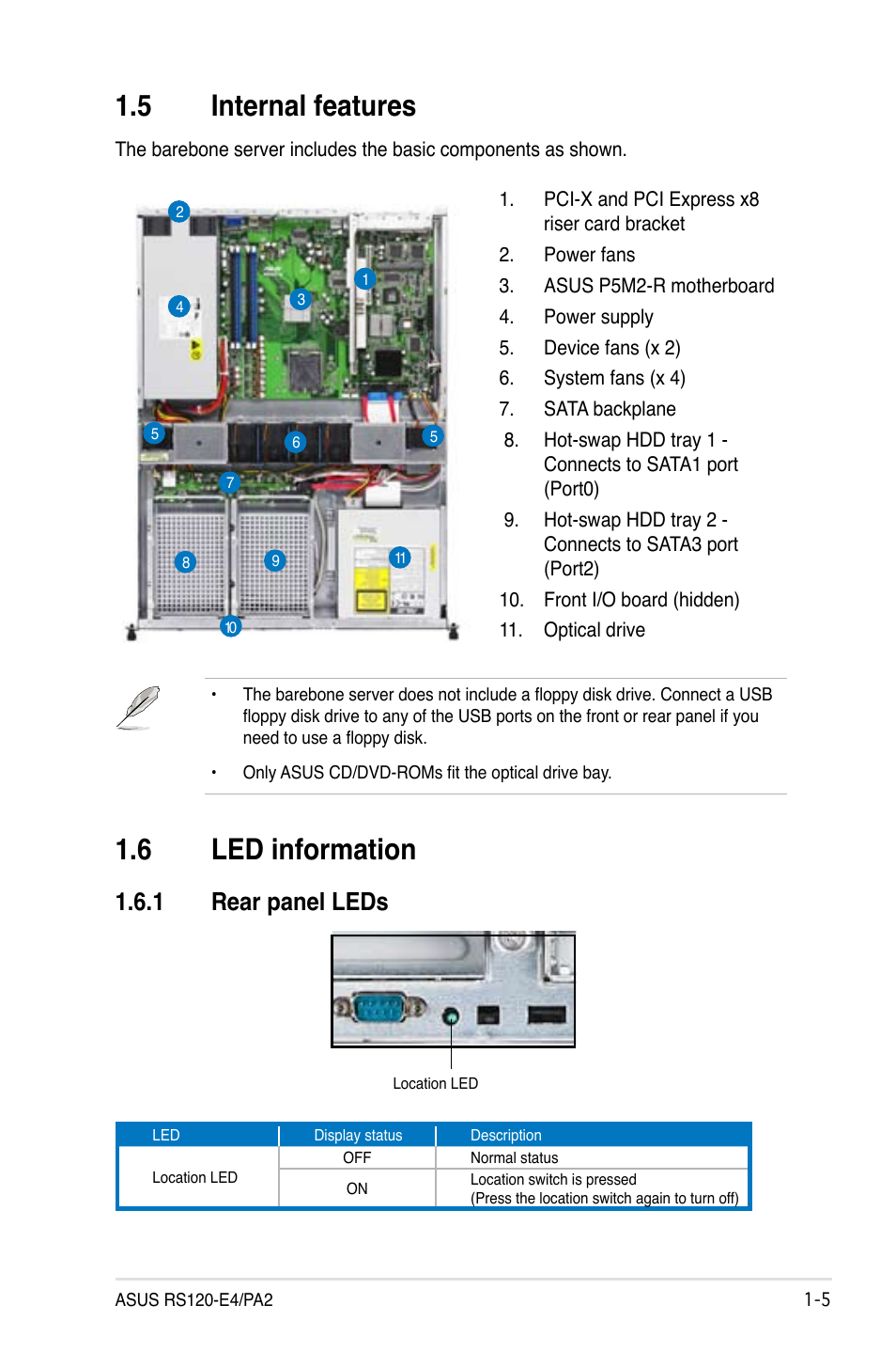 5 internal features, 6 led information, 1 rear panel leds | Asus RS120-E4/PA2 User Manual | Page 15 / 166
