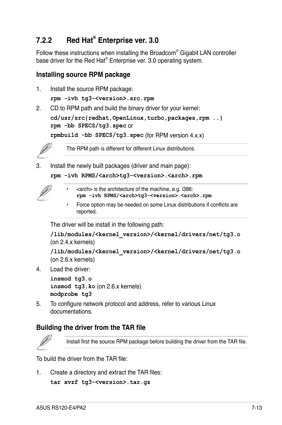 2 red hat, Enterprise ver. 3.0, Installing source rpm package | Building the driver from the tar file | Asus RS120-E4/PA2 User Manual | Page 153 / 166