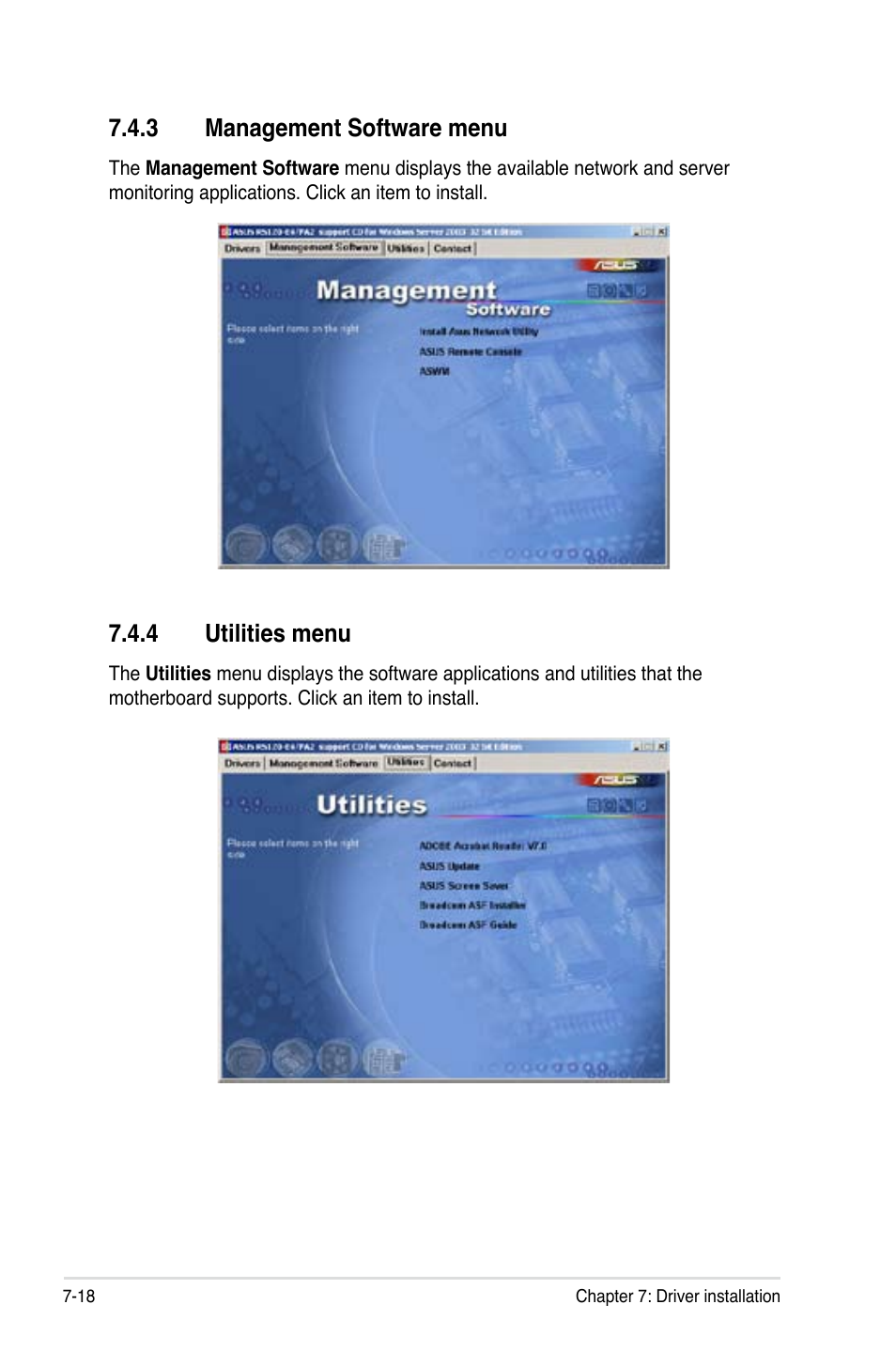 3 management software menu, 4 utilities menu | Asus RS120-E4/PA2 User Manual | Page 158 / 166