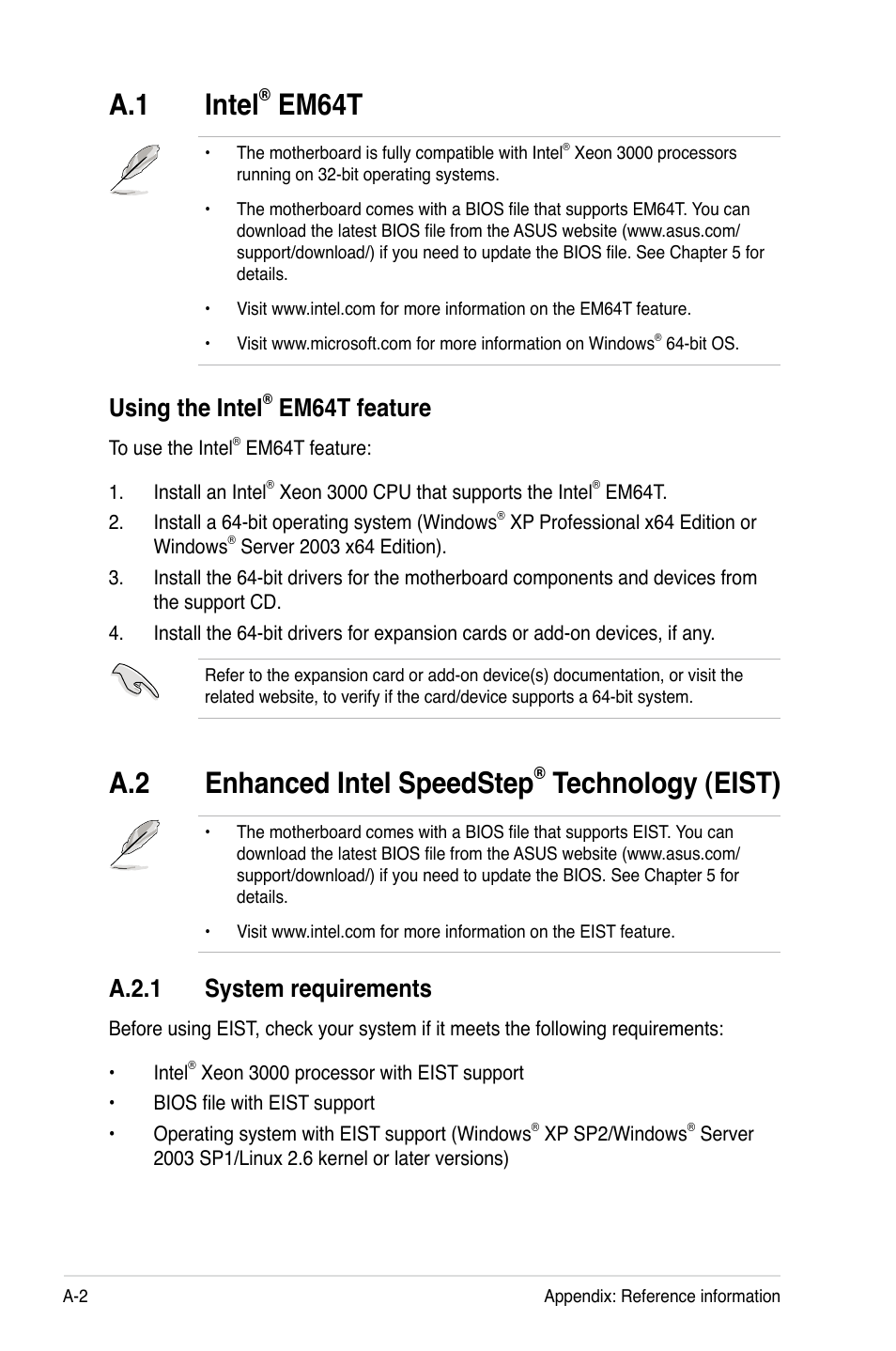 A.1 intel, Em64t, A.2 enhanced intel speedstep | Technology (eist), Using the intel, Em64t feature, A.2.1 system requirements | Asus RS120-E4/PA2 User Manual | Page 162 / 166