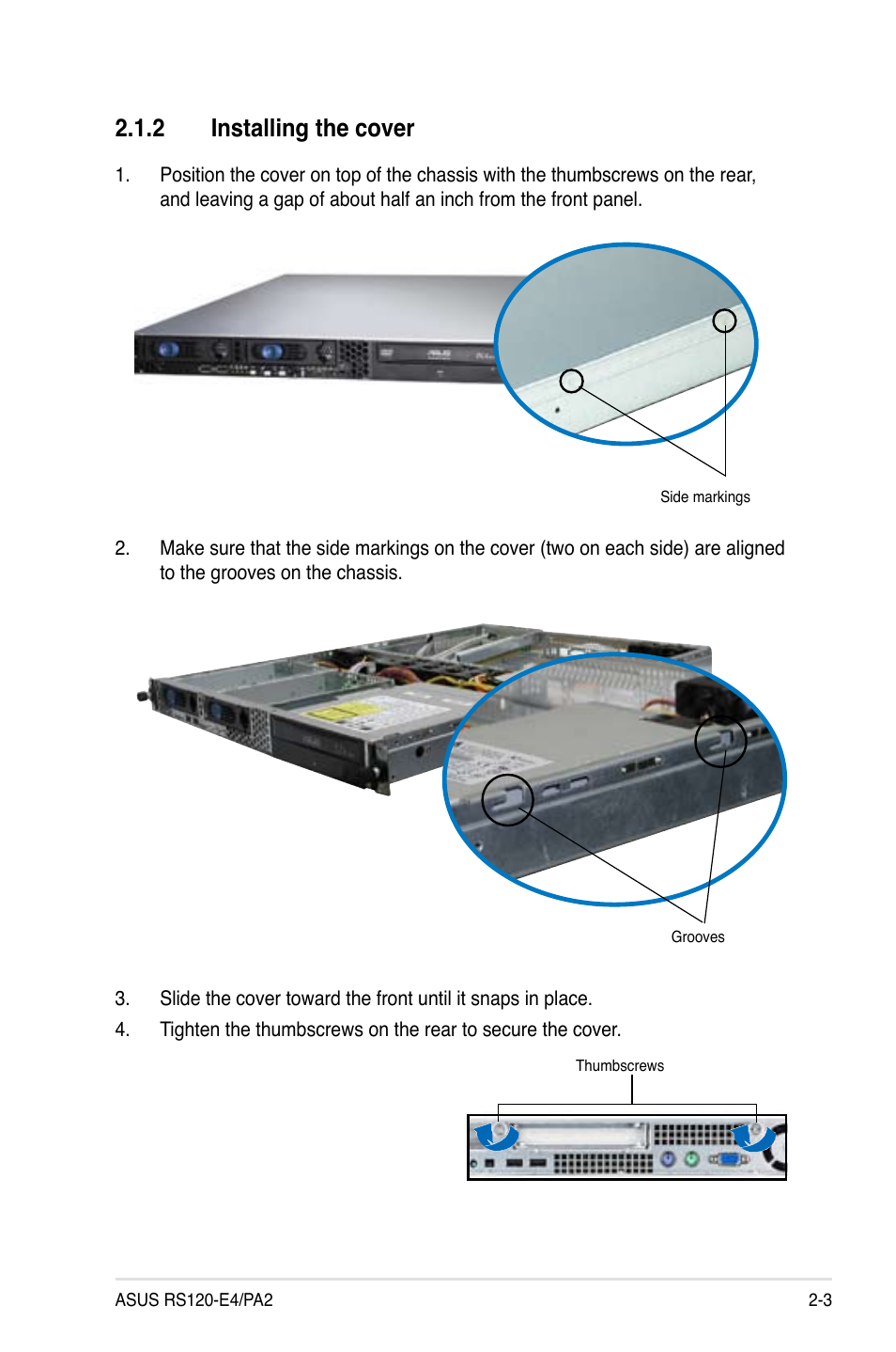 2 installing the cover | Asus RS120-E4/PA2 User Manual | Page 19 / 166