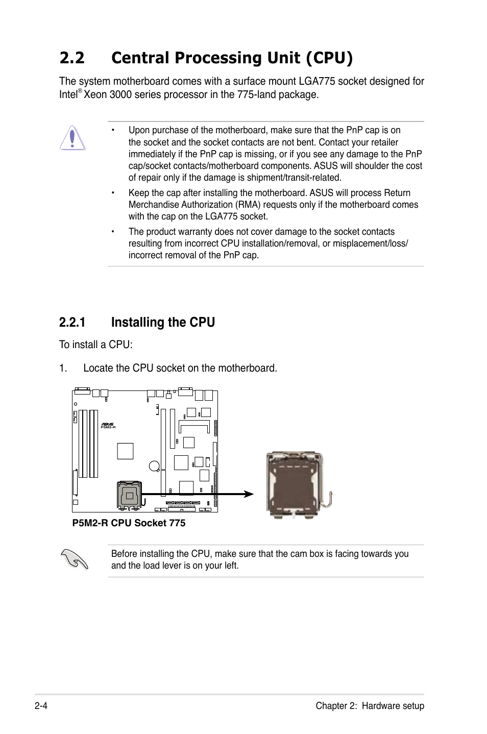 2 central processing unit (cpu), 1 installing the cpu | Asus RS120-E4/PA2 User Manual | Page 20 / 166