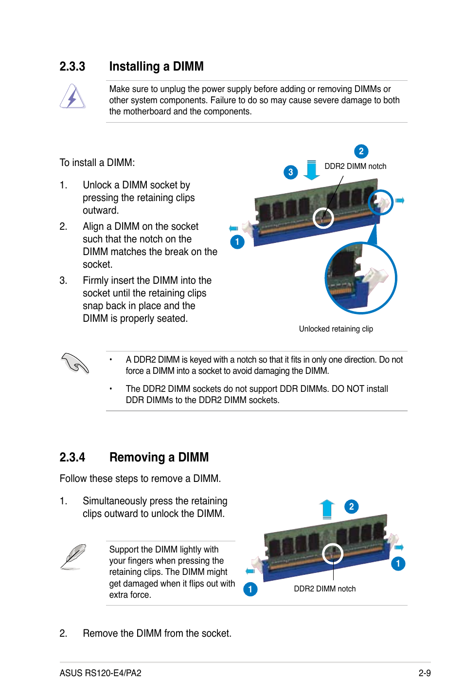 3 installing a dimm, 4 removing a dimm | Asus RS120-E4/PA2 User Manual | Page 25 / 166