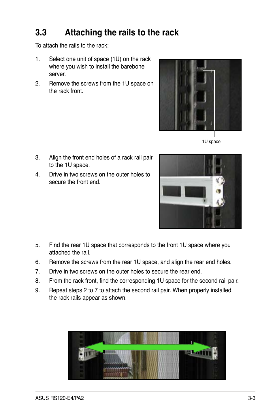 3 attaching the rails to the rack | Asus RS120-E4/PA2 User Manual | Page 45 / 166