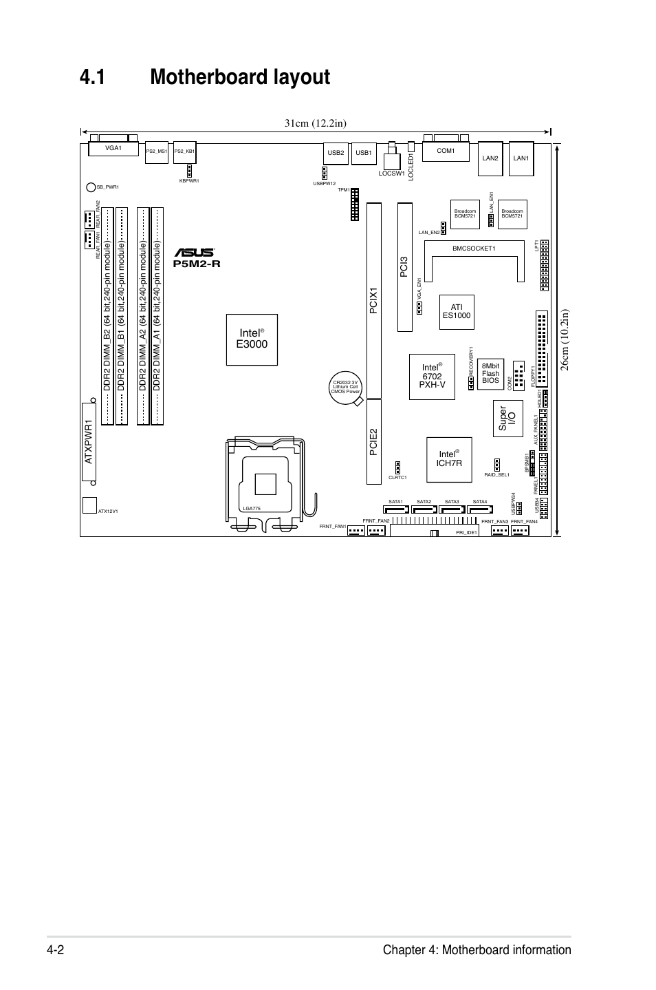 1 motherboard layout, Chapter 4: motherboard information 4-2, Intel | E3000, P5m2-r, Super i/o, Pcix1, Atxpwr1 pci3 pcie2 | Asus RS120-E4/PA2 User Manual | Page 48 / 166