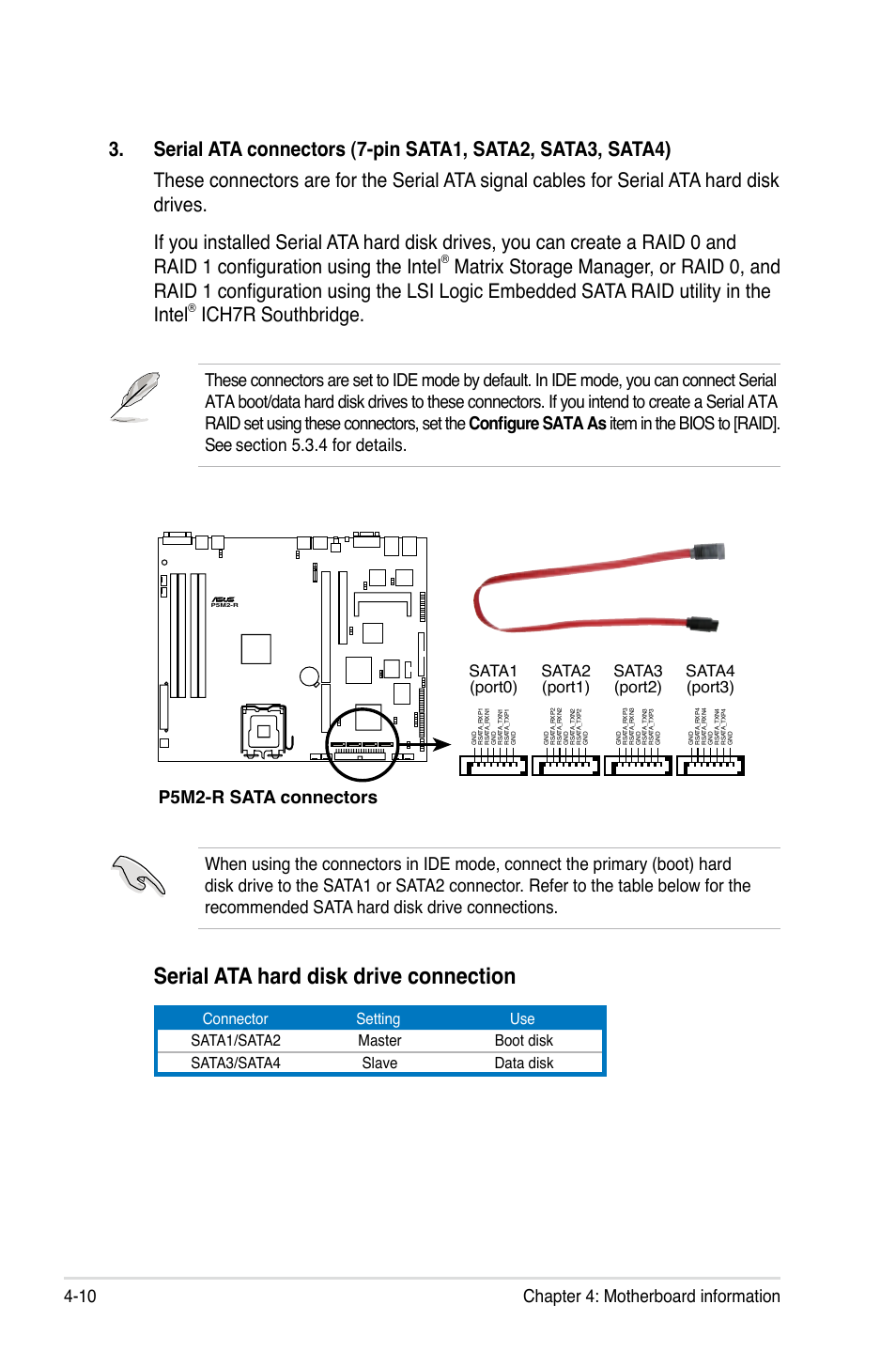 Serial ata hard disk drive connection, Ich7r southbridge, Chapter 4: motherboard information 4-10 | P5m2-r sata connectors, Sata1 (port0), Sata2 (port1), Sata3 (port2), Sata4 (port3) | Asus RS120-E4/PA2 User Manual | Page 56 / 166