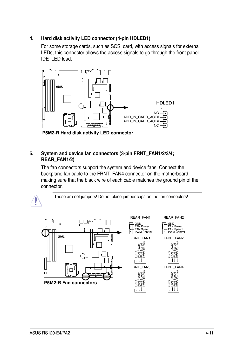 P5m2-r hard disk activity led connector hdled1, P5m2-r fan connectors | Asus RS120-E4/PA2 User Manual | Page 57 / 166