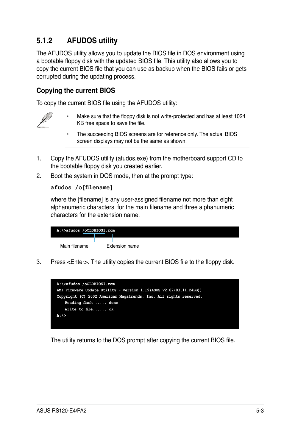 2 afudos utility, Copying the current bios | Asus RS120-E4/PA2 User Manual | Page 67 / 166