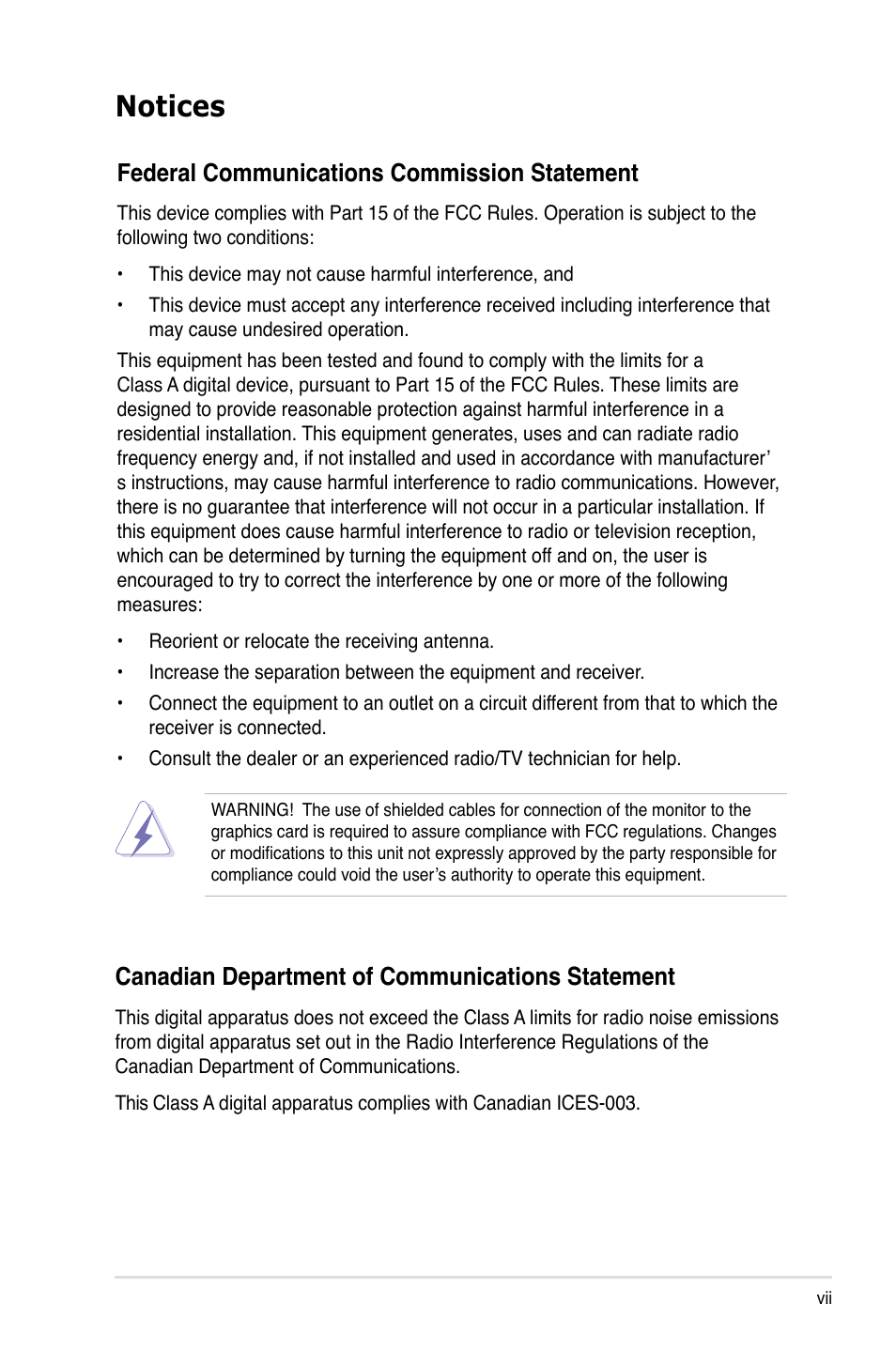 Notices, Federal communications commission statement, Canadian department of communications statement | Asus RS120-E4/PA2 User Manual | Page 7 / 166