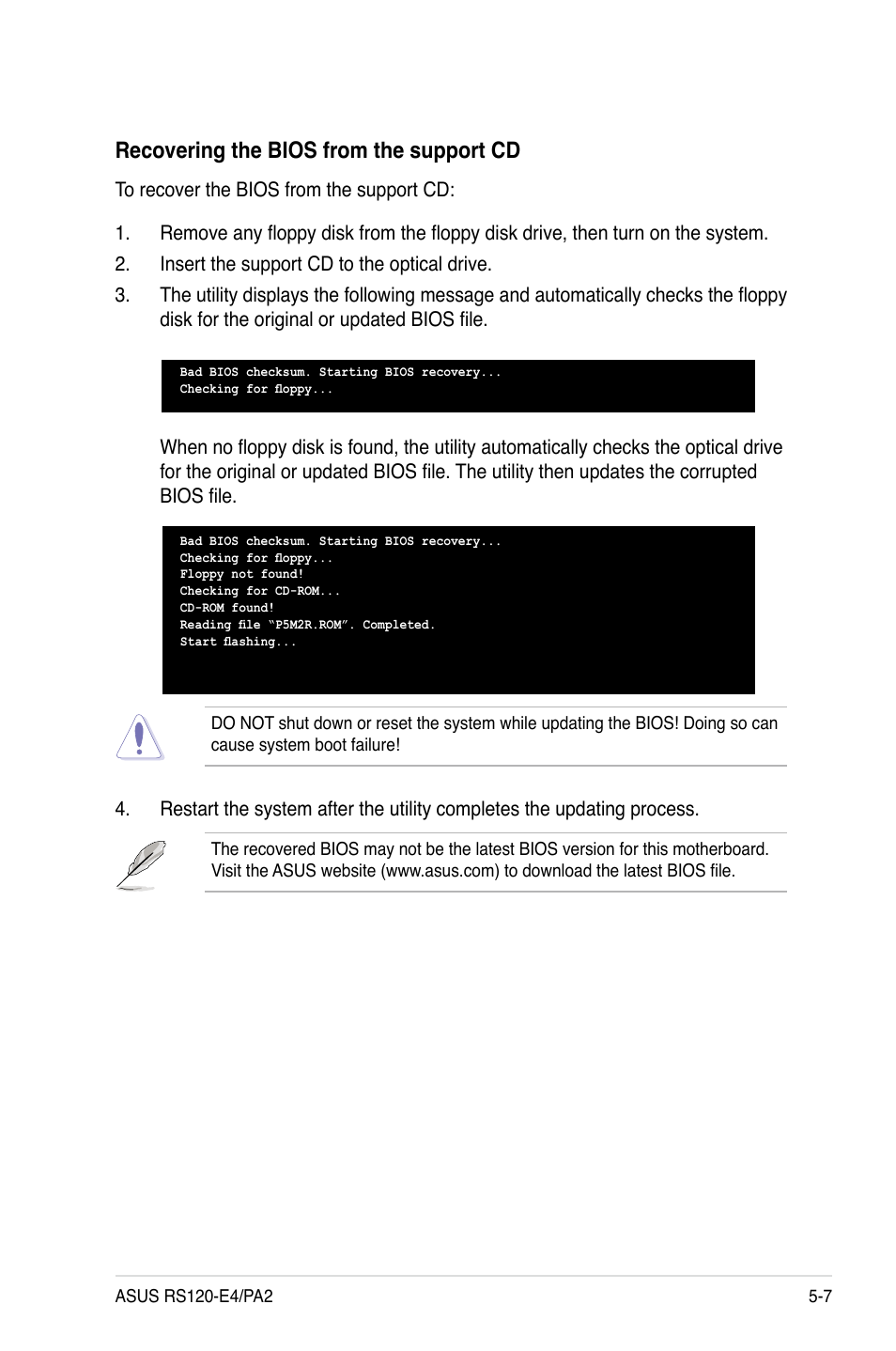 Recovering the bios from the support cd | Asus RS120-E4/PA2 User Manual | Page 71 / 166