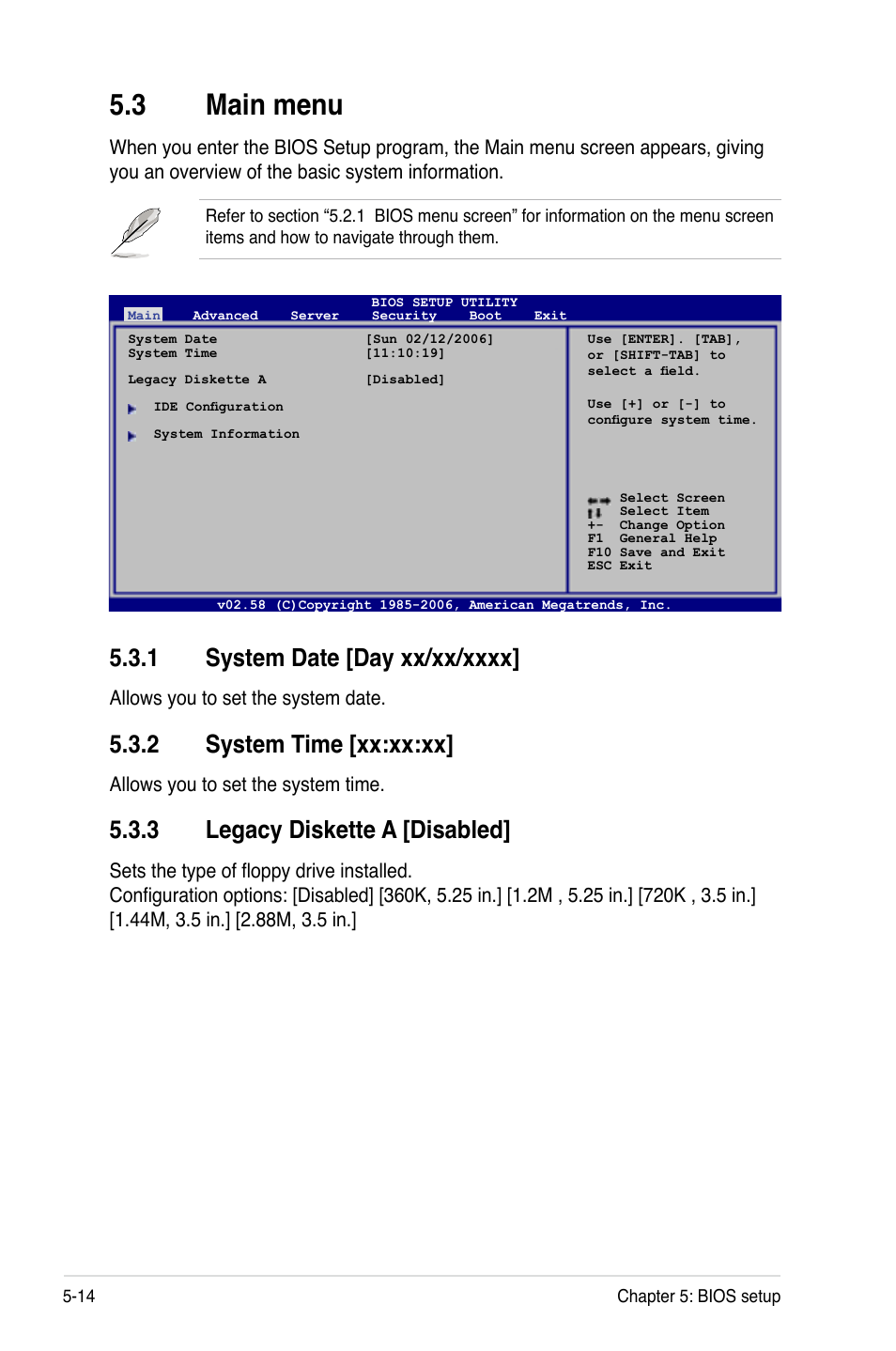 3 main menu, 2 system time [xx:xx:xx, 3 legacy diskette a [disabled | Asus RS120-E4/PA2 User Manual | Page 78 / 166