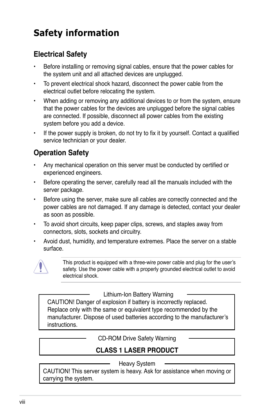 Safety information, Electrical safety, Operation safety | Asus RS120-E4/PA2 User Manual | Page 8 / 166