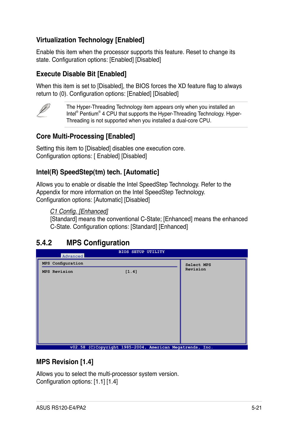 2 mps configuration, Virtualization technology [enabled, Execute disable bit [enabled | Core multi-processing [enabled, Intel(r) speedstep(tm) tech. [automatic, Mps revision [1.4 | Asus RS120-E4/PA2 User Manual | Page 85 / 166