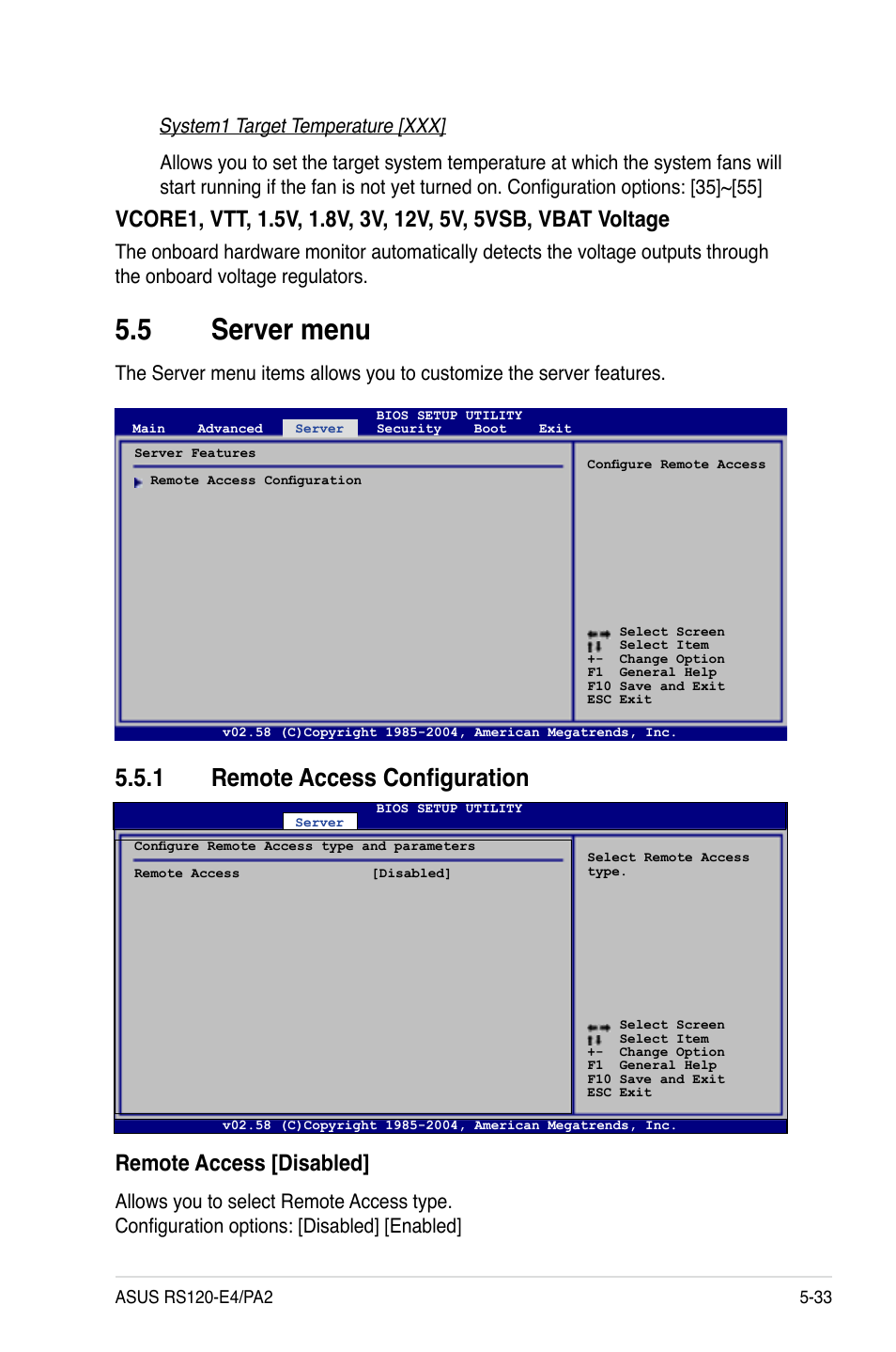 5 server menu, 1 remote access configuration, Remote access [disabled | Asus RS120-E4/PA2 User Manual | Page 97 / 166