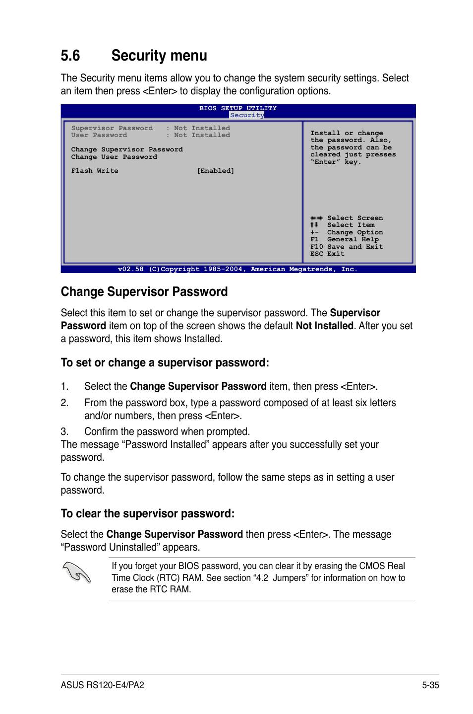 6 security menu, Change supervisor password | Asus RS120-E4/PA2 User Manual | Page 99 / 166