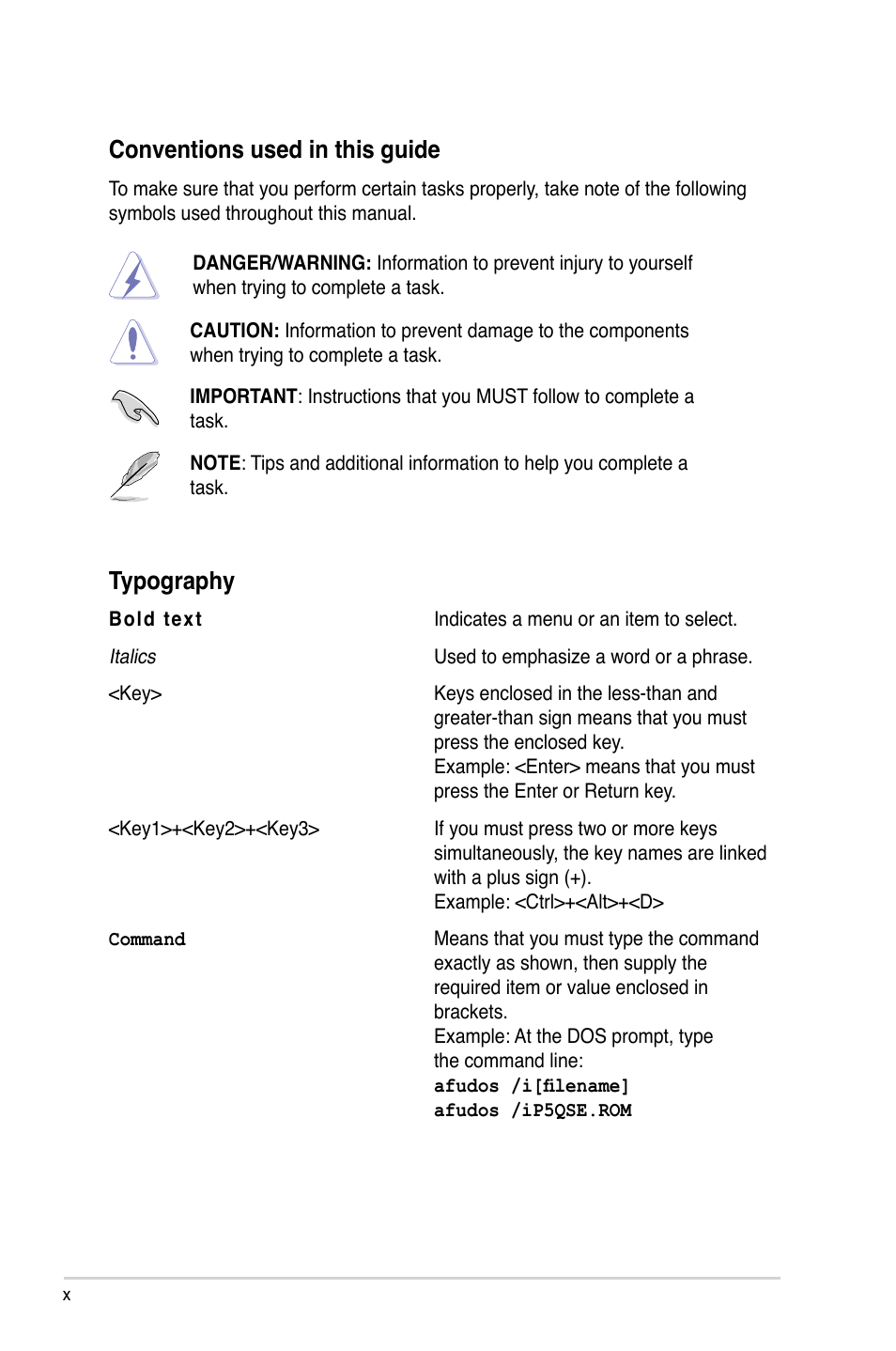 Conventions used in this guide, Typography | Asus P5Q SE/R User Manual | Page 10 / 150