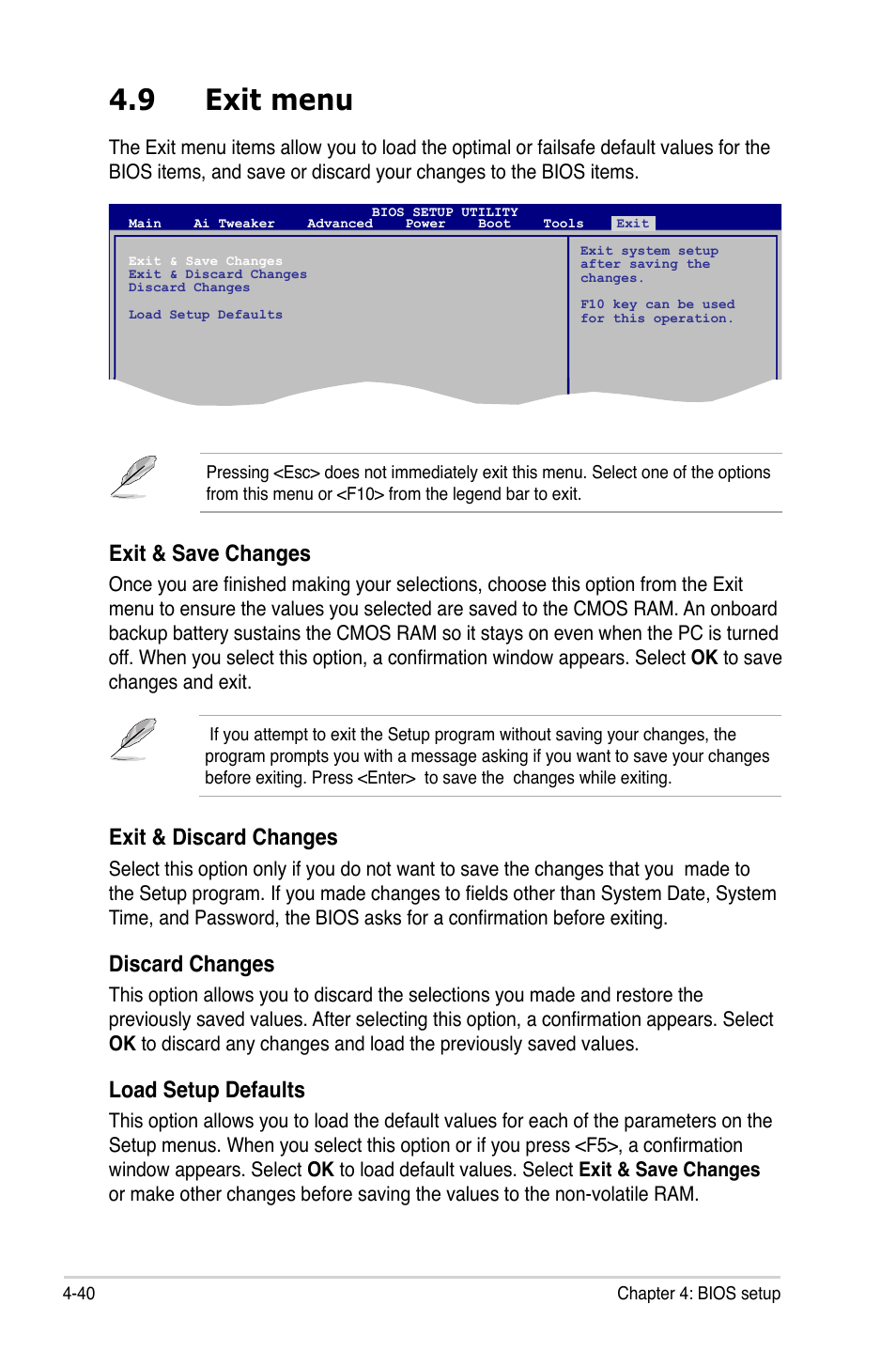 9 exit menu, Exit & discard changes, Discard changes | Load setup defaults, Exit & save changes | Asus P5Q SE/R User Manual | Page 104 / 150