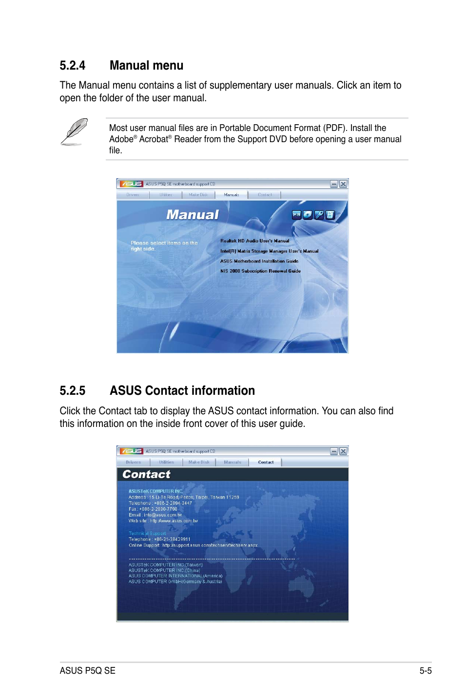 4 manual menu, 5 asus contact information | Asus P5Q SE/R User Manual | Page 111 / 150