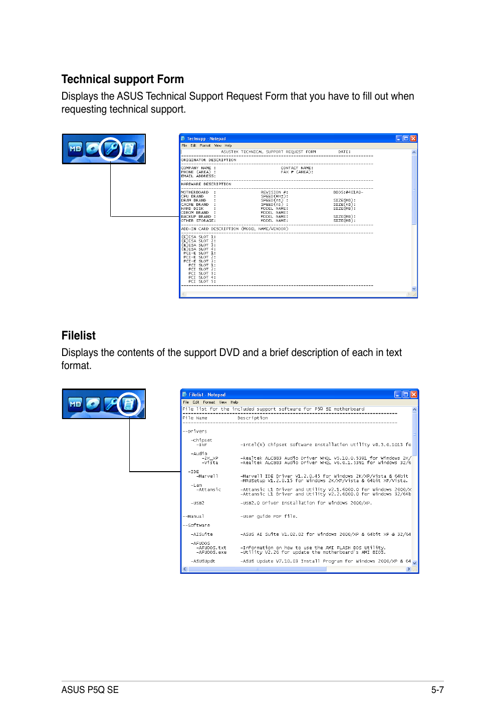 Technical support form, Filelist | Asus P5Q SE/R User Manual | Page 113 / 150