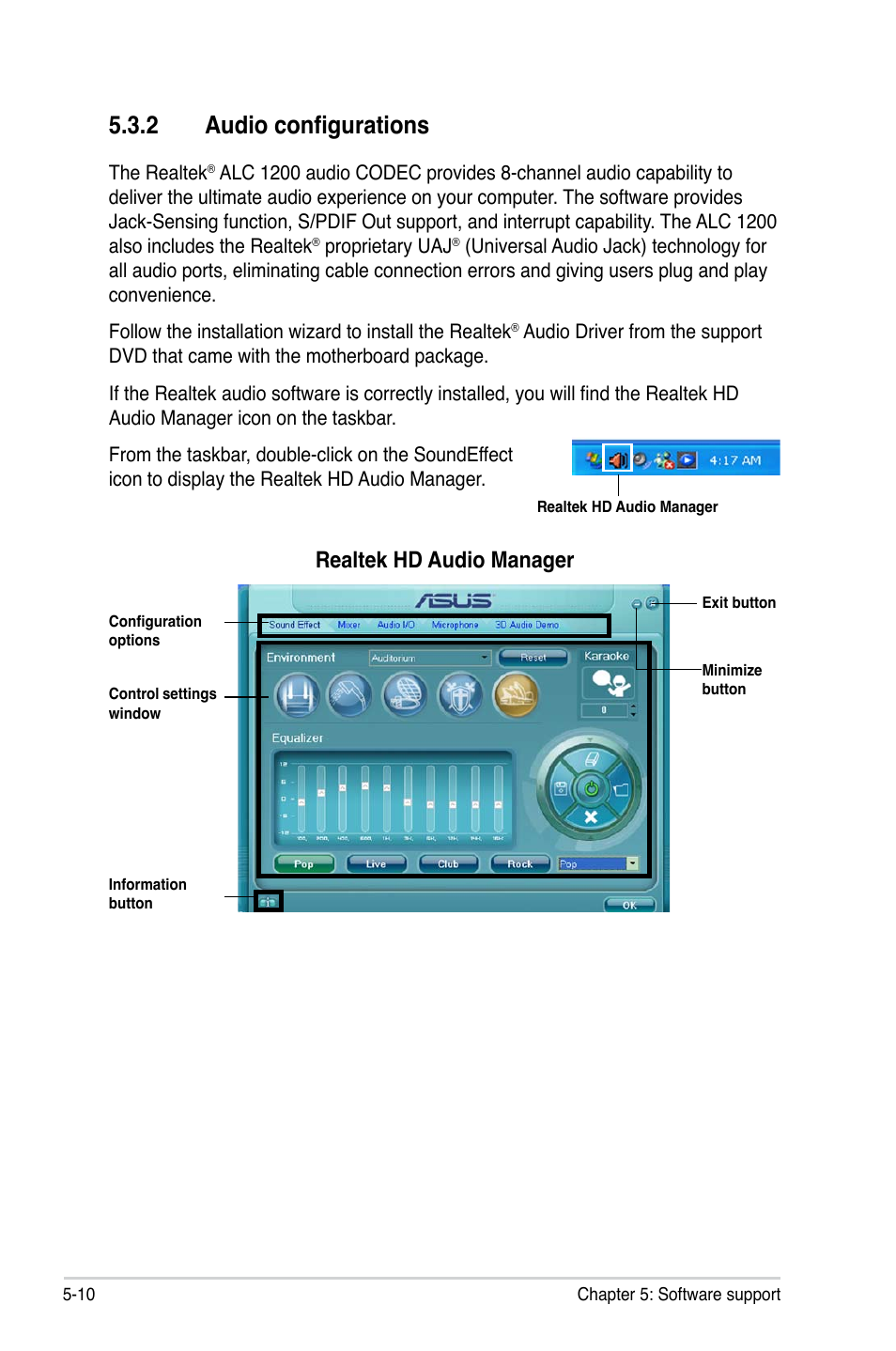 2 audio configurations, Realtek hd audio manager | Asus P5Q SE/R User Manual | Page 116 / 150