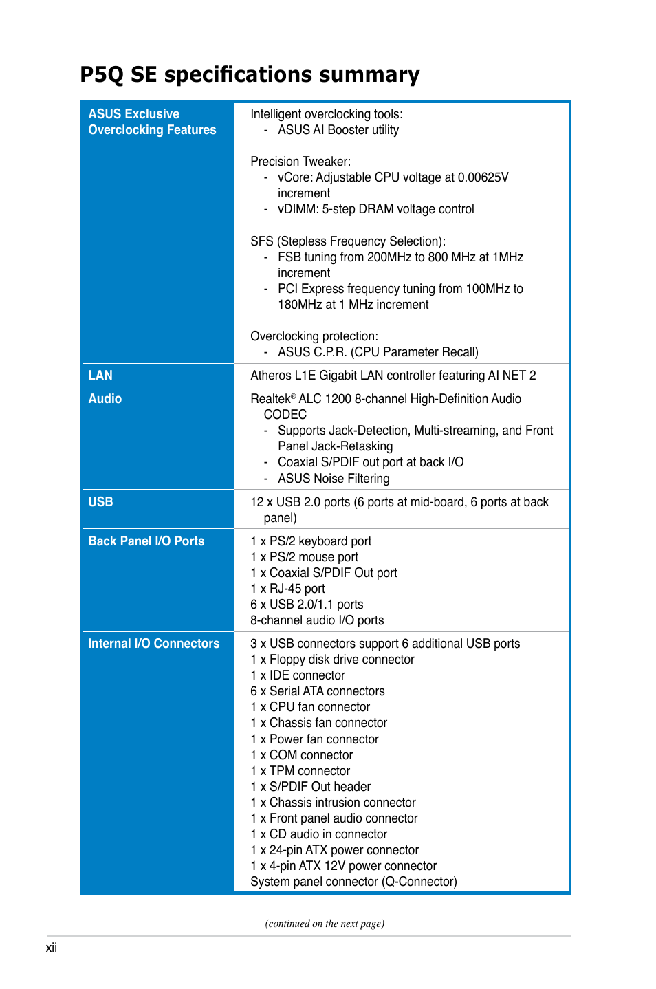 P5q se specifications summary | Asus P5Q SE/R User Manual | Page 12 / 150
