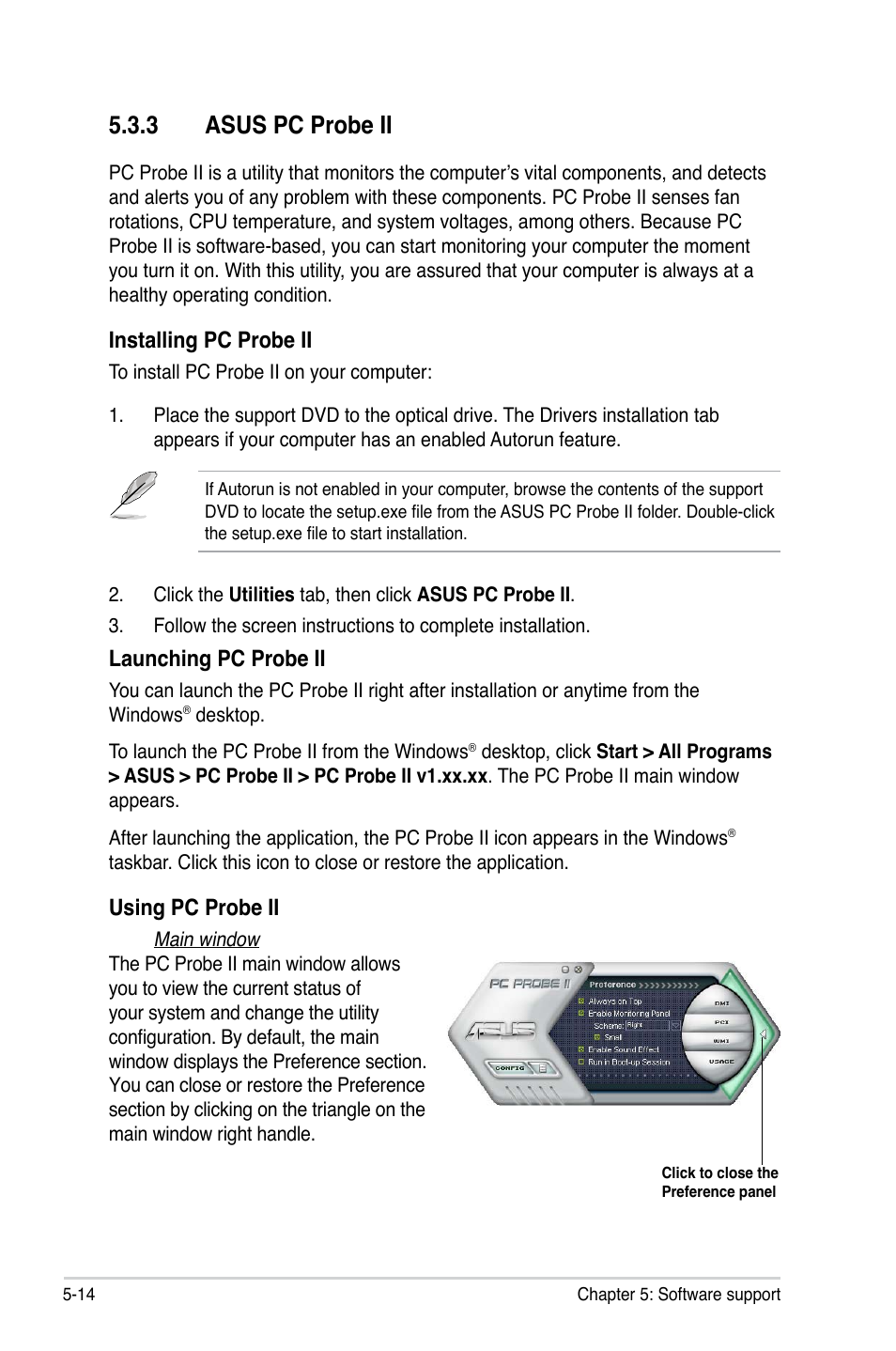 3 asus pc probe ii, Launching pc probe ii, Using pc probe ii | Installing pc probe ii | Asus P5Q SE/R User Manual | Page 120 / 150