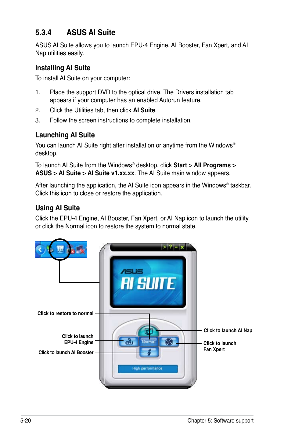 4 asus ai suite, Installing ai suite, Launching ai suite | Using ai suite | Asus P5Q SE/R User Manual | Page 126 / 150