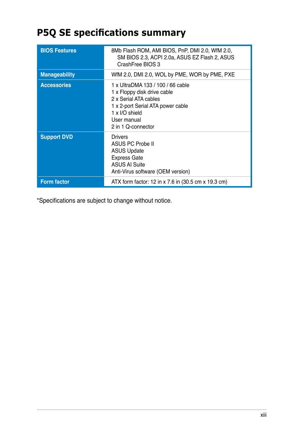 P5q se specifications summary | Asus P5Q SE/R User Manual | Page 13 / 150
