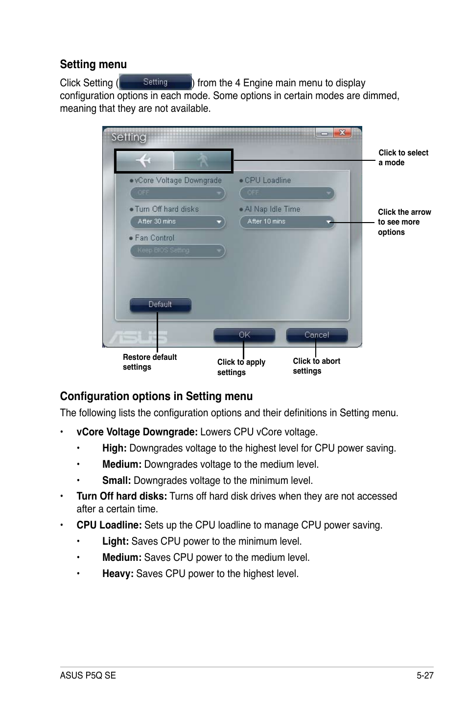 Setting menu, Configuration options in setting menu | Asus P5Q SE/R User Manual | Page 133 / 150