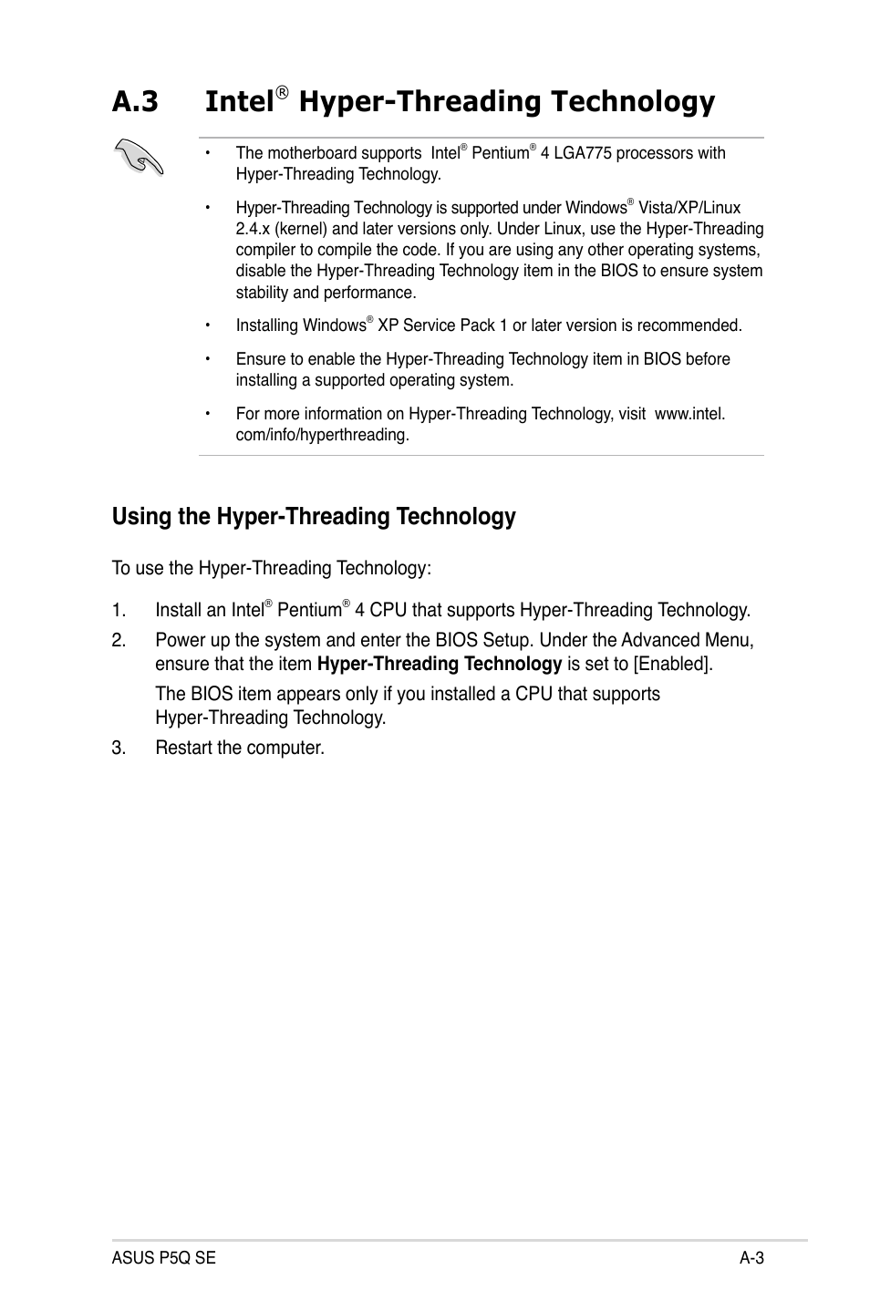 A.3 intel® hyper-threading technology, Using the hyper-threading technology, A.3 intel | Hyper-threading technology | Asus P5Q SE/R User Manual | Page 149 / 150