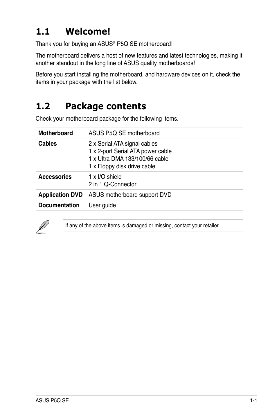 1 welcome, 2 package contents | Asus P5Q SE/R User Manual | Page 17 / 150