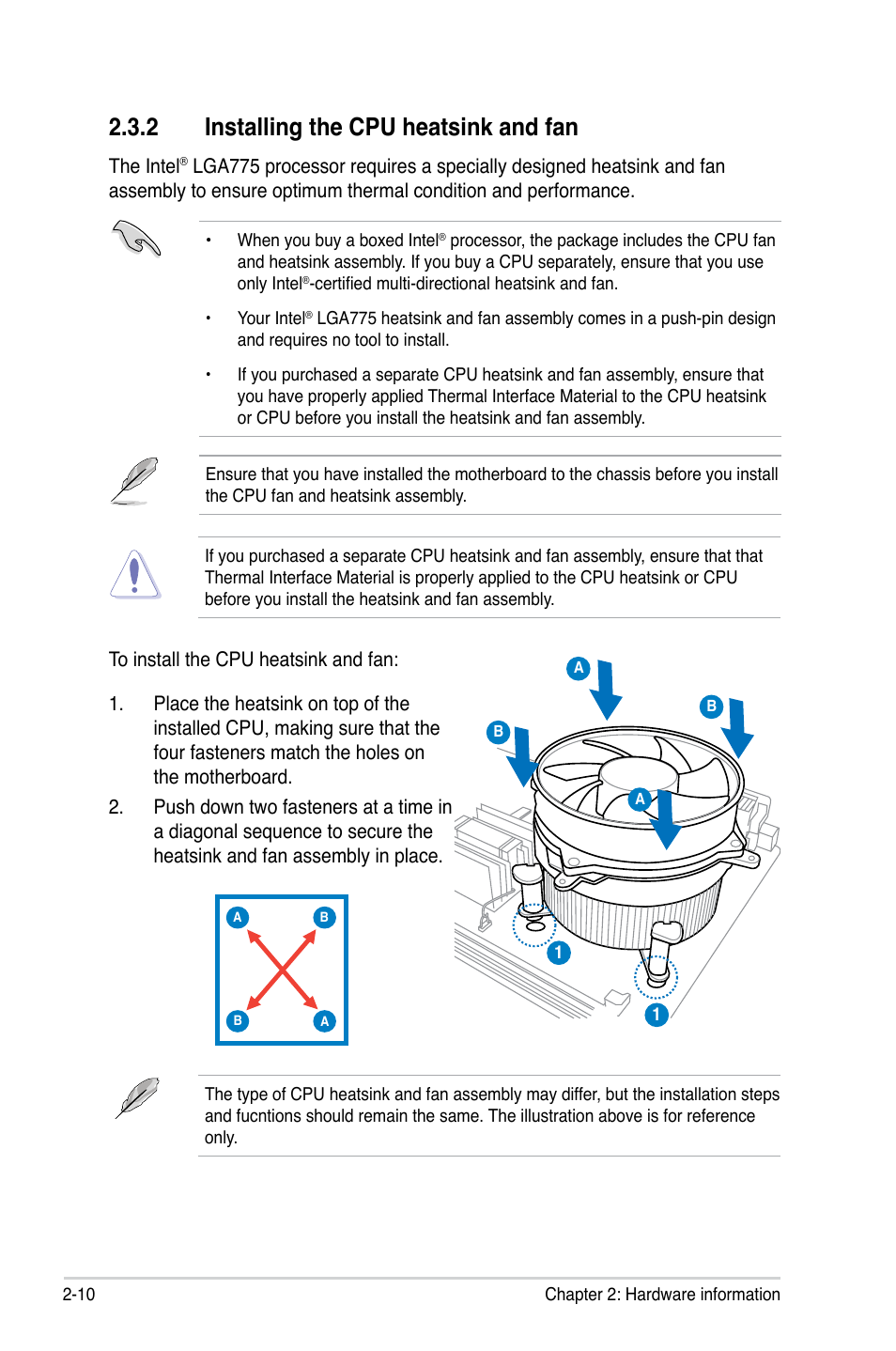 2 installing the cpu heatsink and fan | Asus P5Q SE/R User Manual | Page 34 / 150