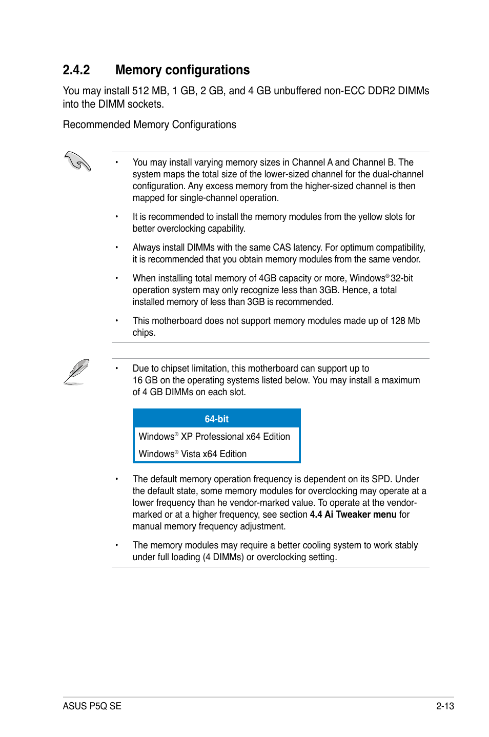 2 memory configurations | Asus P5Q SE/R User Manual | Page 37 / 150