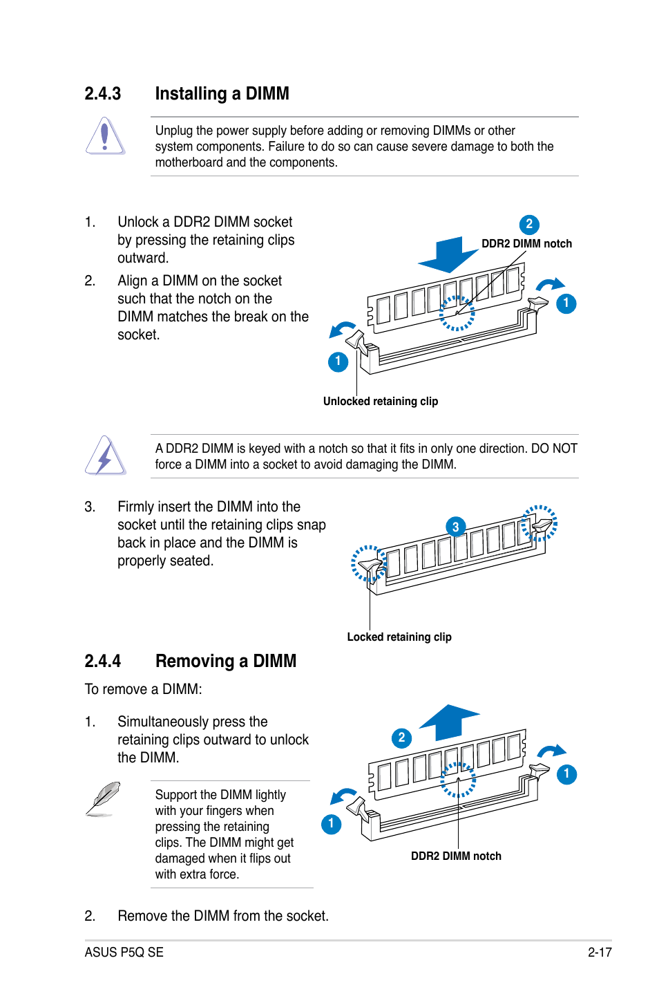 3 installing a dimm, 4 removing a dimm | Asus P5Q SE/R User Manual | Page 41 / 150