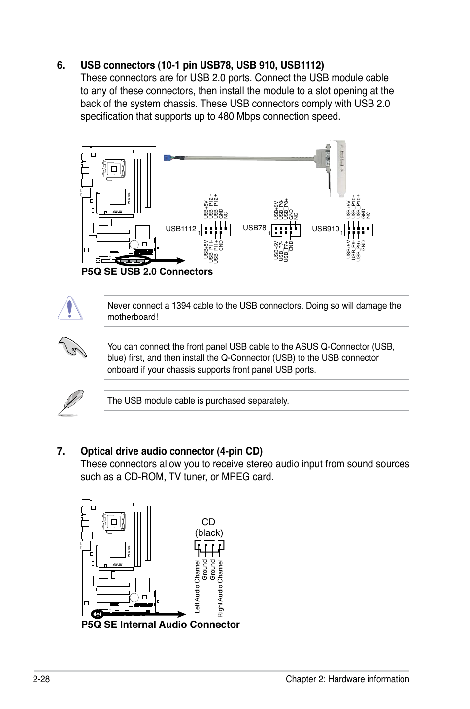 28 chapter 2: hardware information, P5q se usb 2.0 connectors, P5q se internal audio connector cd (black) | Asus P5Q SE/R User Manual | Page 52 / 150