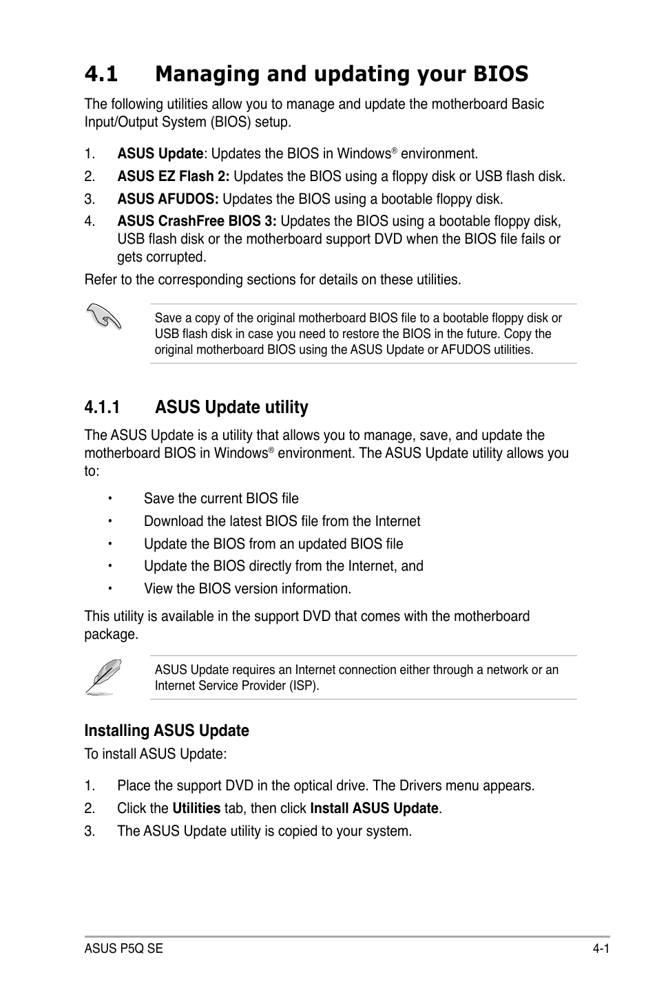 1 managing and updating your bios, 1 asus update utility | Asus P5Q SE/R User Manual | Page 65 / 150