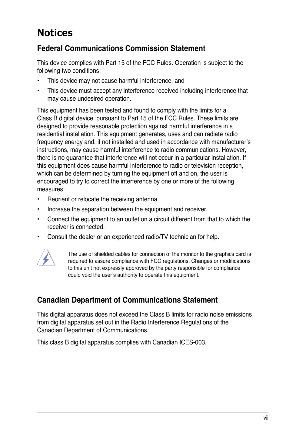 Notices, Federal communications commission statement, Canadian department of communications statement | Asus P5Q SE/R User Manual | Page 7 / 150