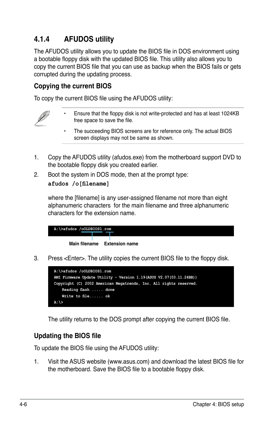 4 afudos utility, Copying the current bios, Updating the bios file | Asus P5Q SE/R User Manual | Page 70 / 150