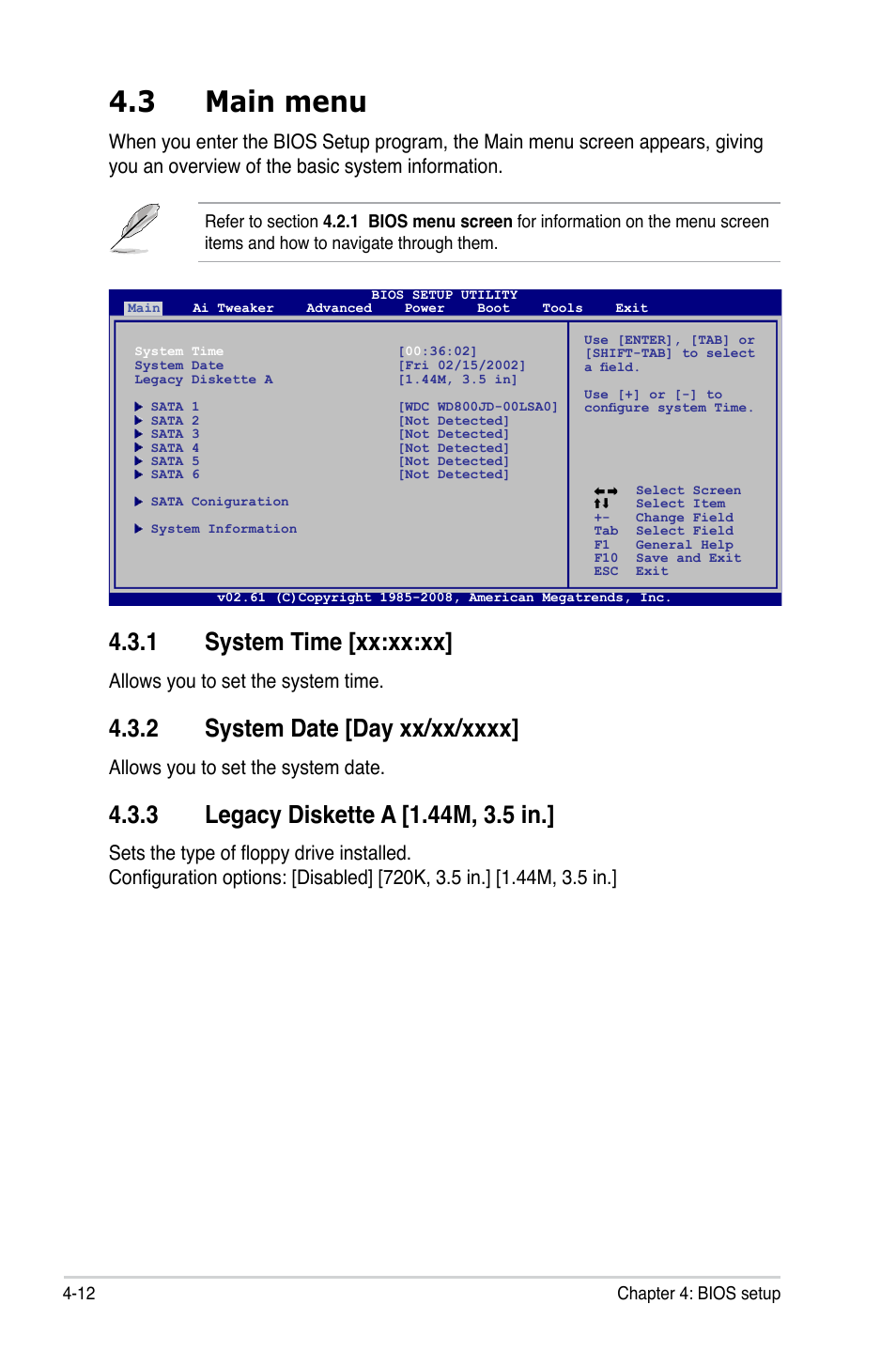 3 main menu, 1 system time [xx:xx:xx, 2 system date [day xx/xx/xxxx | 3 legacy diskette a [1.44m, 3.5 in, Allows you to set the system time, Allows you to set the system date | Asus P5Q SE/R User Manual | Page 76 / 150