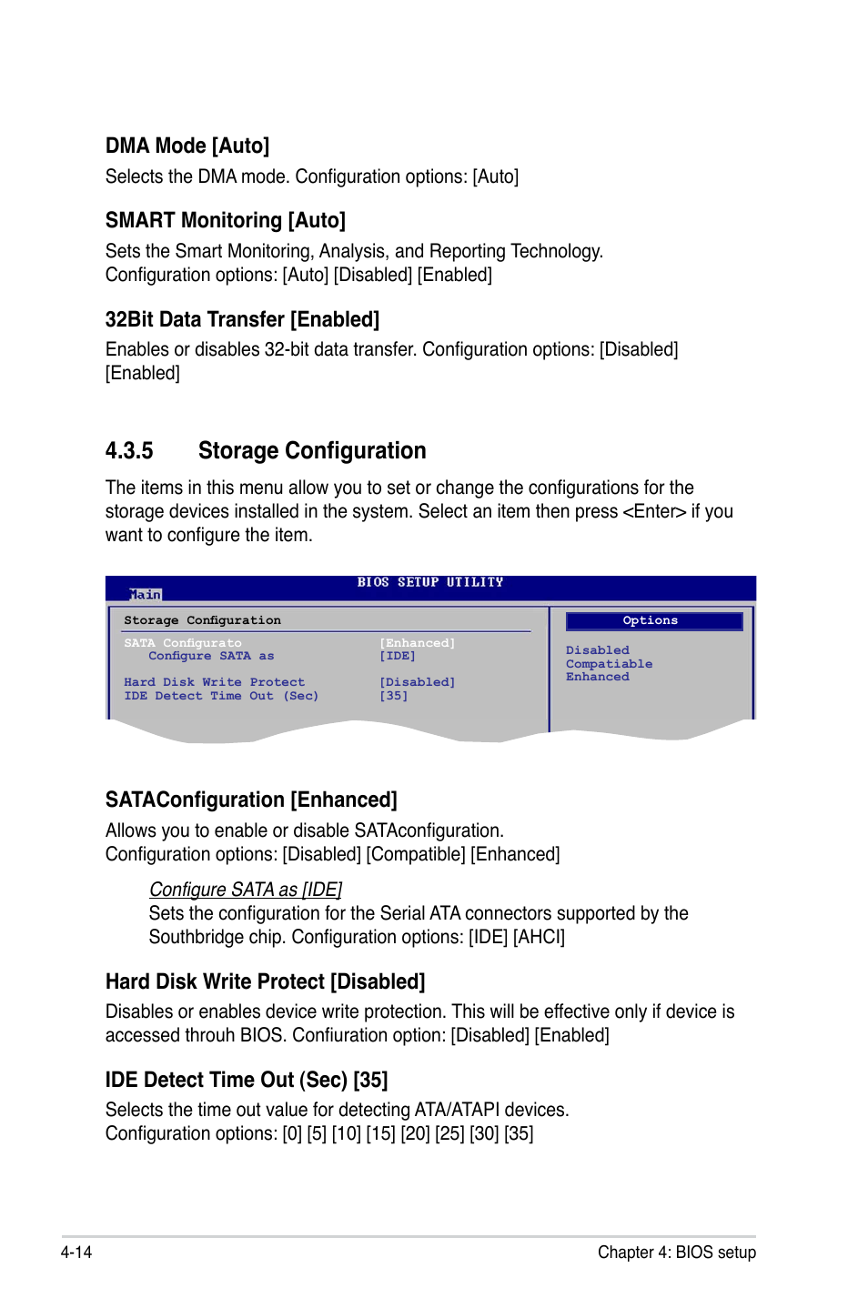 5 storage configuration, Dma mode [auto, Smart monitoring [auto | 32bit data transfer [enabled, Sataconfiguration [enhanced, Hard disk write protect [disabled, Ide detect time out (sec) [35 | Asus P5Q SE/R User Manual | Page 78 / 150