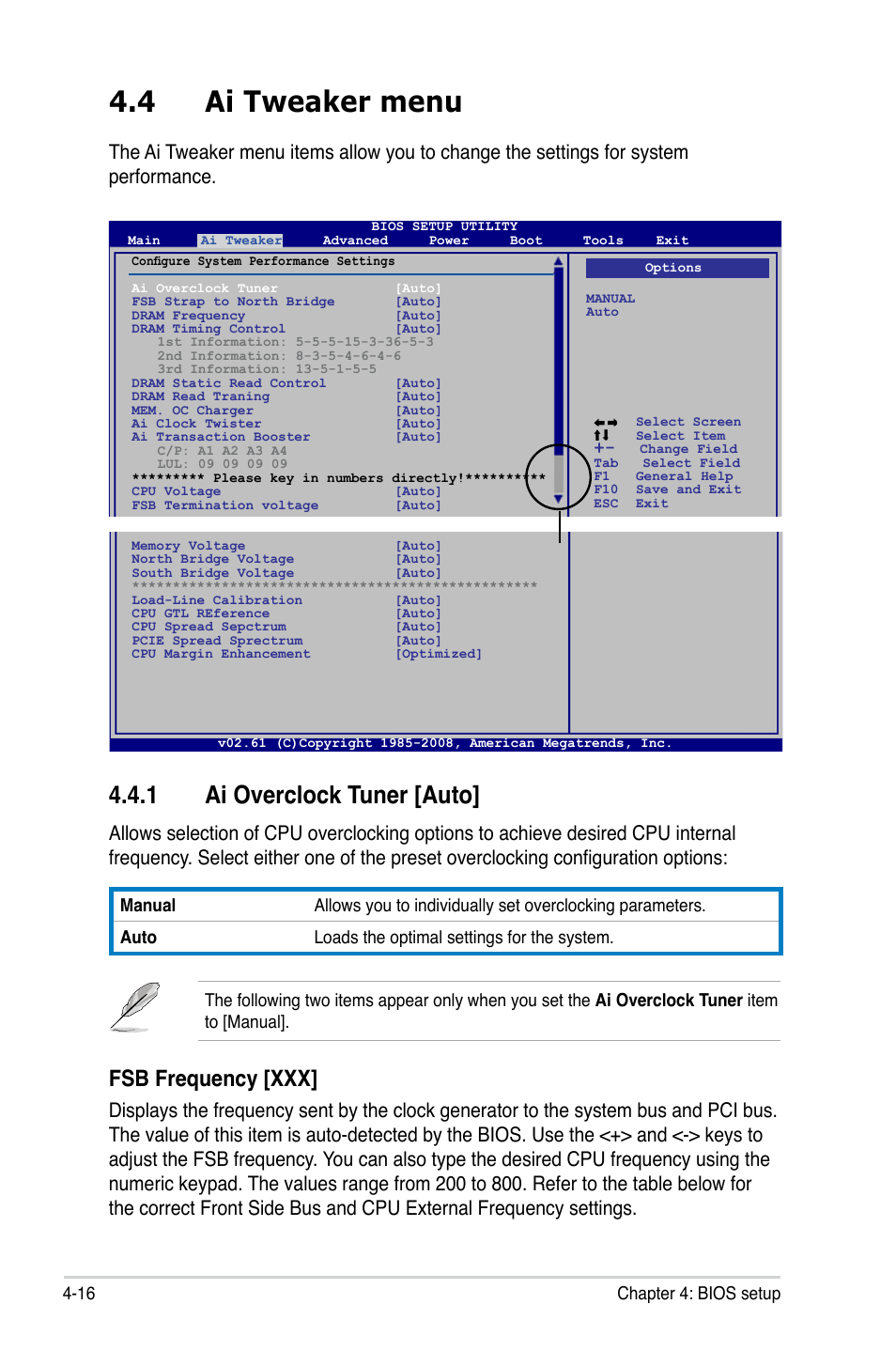 4 ai tweaker menu, 1 ai overclock tuner [auto, Fsb frequency [xxx | Asus P5Q SE/R User Manual | Page 80 / 150