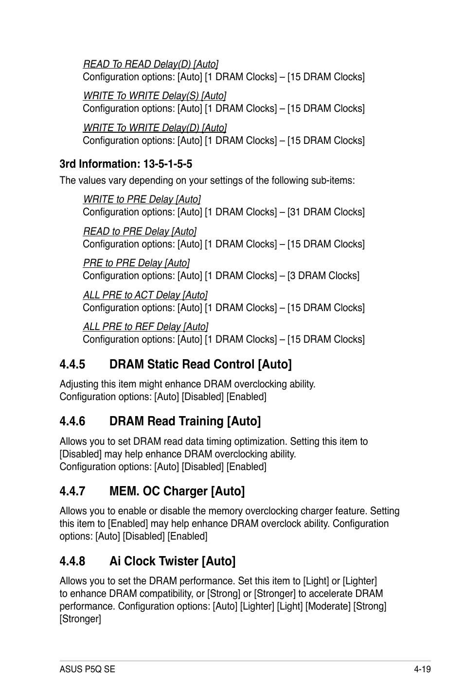 5 dram static read control [auto, 6 dram read training [auto, 7 mem. oc charger [auto | 8 ai clock twister [auto | Asus P5Q SE/R User Manual | Page 83 / 150