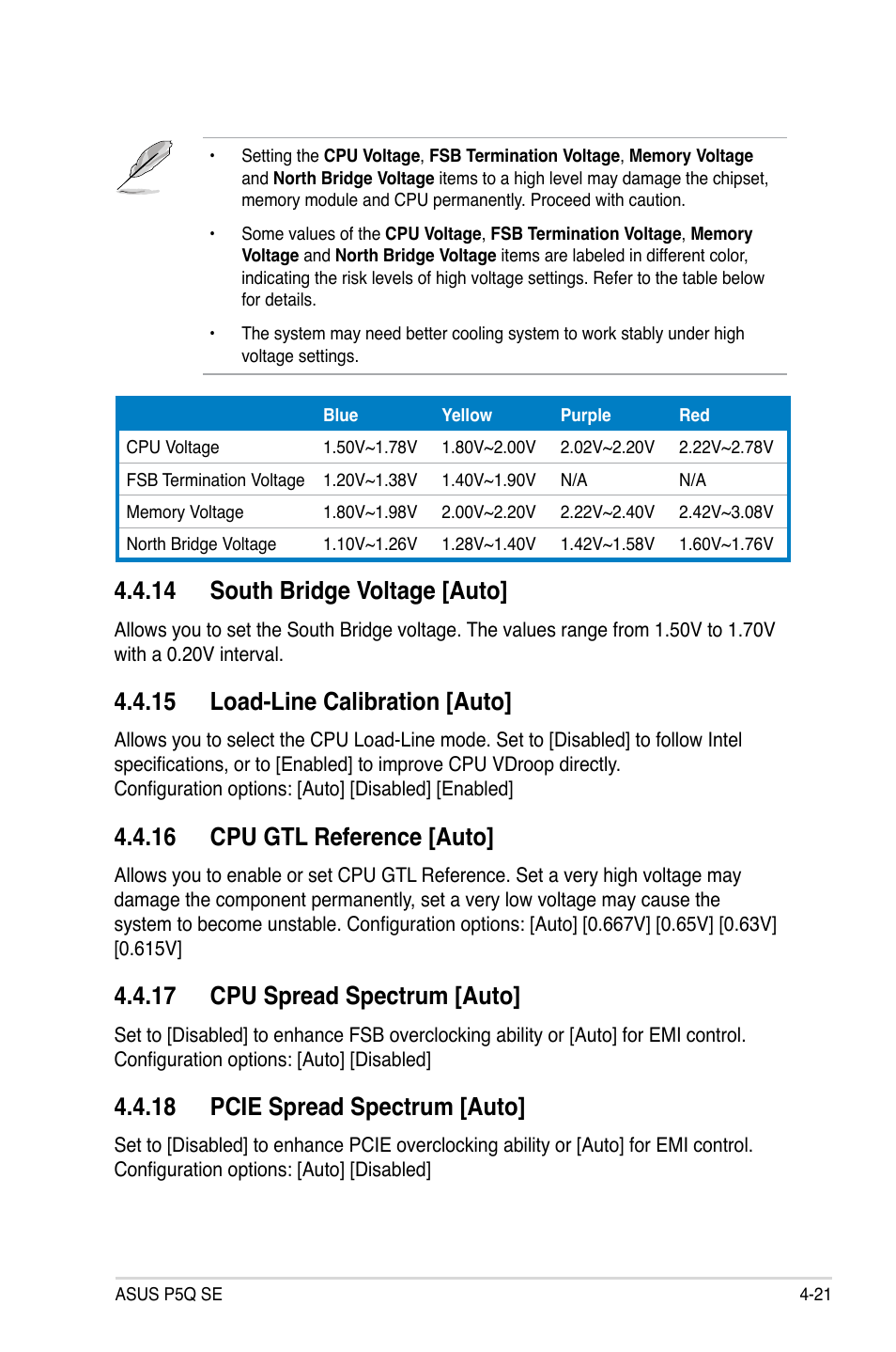 14 south bridge voltage [auto, 15 load-line calibration [auto, 16 cpu gtl reference [auto | 17 cpu spread spectrum [auto, 18 pcie spread spectrum [auto | Asus P5Q SE/R User Manual | Page 85 / 150