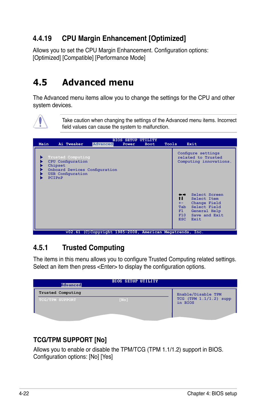 19 cpu margin enhancement [optimized, 5 advanced menu, 1 trusted computing | Tcg/tpm support [no | Asus P5Q SE/R User Manual | Page 86 / 150