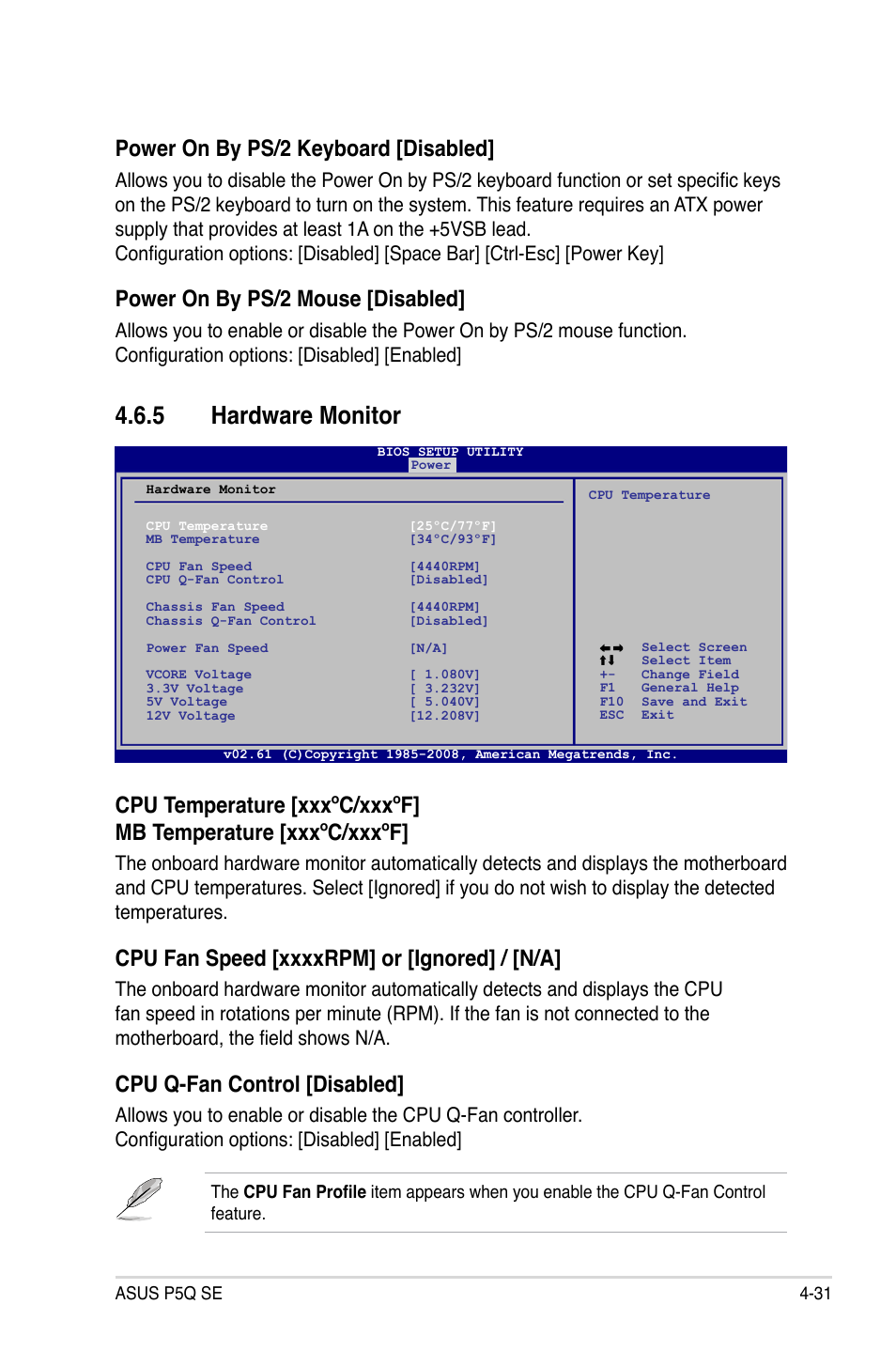 5 hardware monitor, Cpu q-fan control [disabled, Power on by ps/2 keyboard [disabled | Power on by ps/2 mouse [disabled | Asus P5Q SE/R User Manual | Page 95 / 150