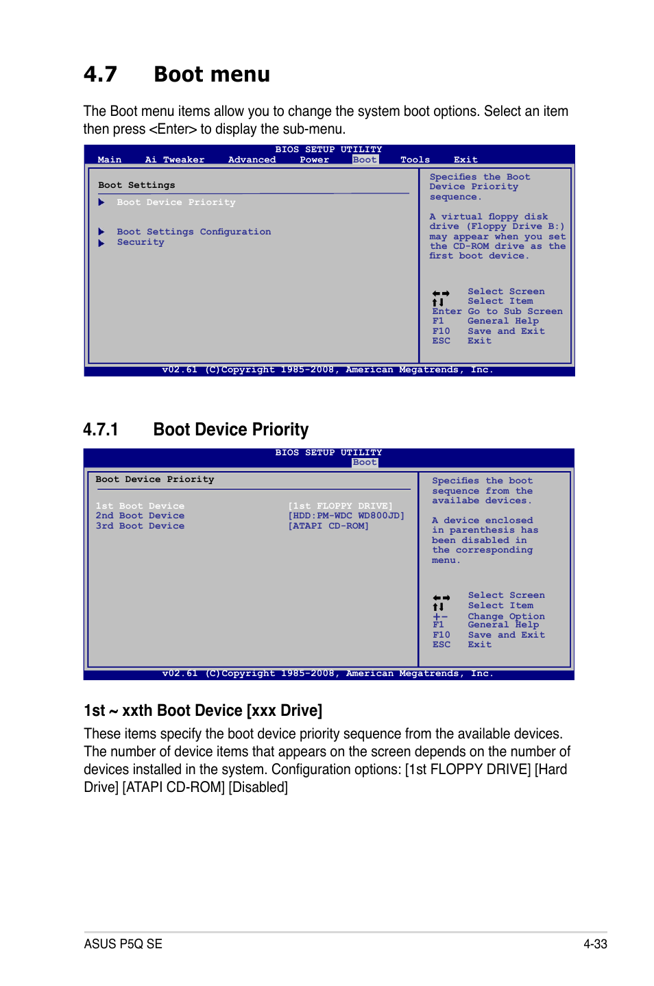 7 boot menu, 1 boot device priority, 1st ~ xxth boot device [xxx drive | Asus P5Q SE/R User Manual | Page 97 / 150